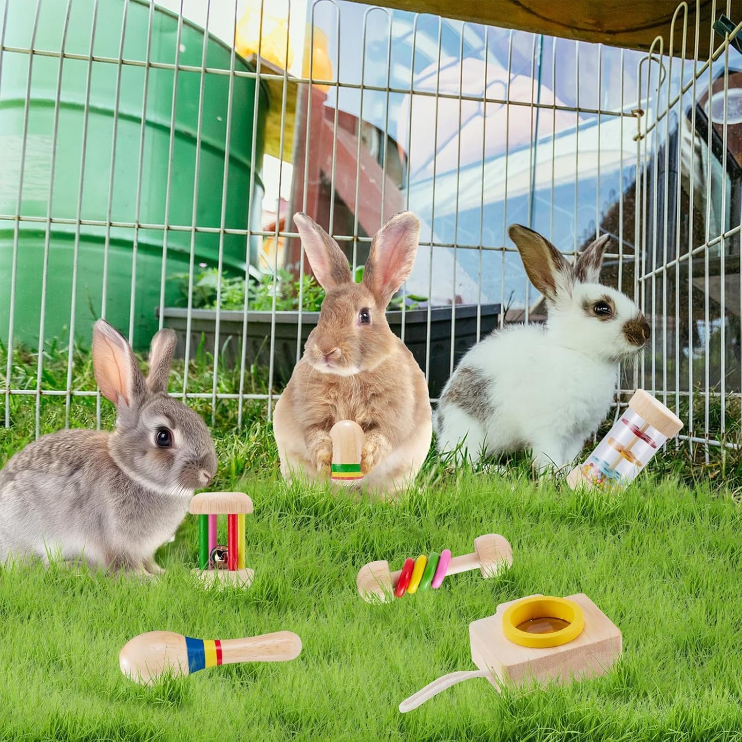 6 Pcs Wooden Bunny Toys - Safe Rabbit & Guinea Pigs Teeth Grinding Toys for Chinchillas, Hamsters & Small Animals - Indoor & Outdoor