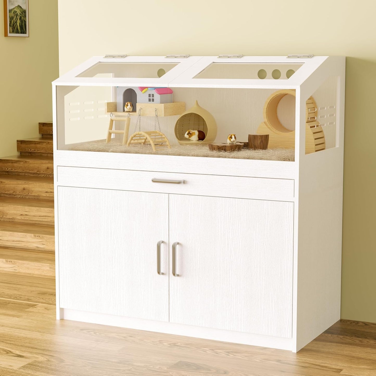 Hamster Cage with Storage Cabinet, Guinea Pig Cage for Small Animals, Large Hamster Cage and Habitat with Easy View Acrylic Panels for Hamster, Rabbit, Guinea Pig, Hedgehog (39"x19"x40")