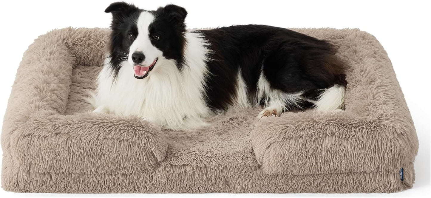 Bedsure Orthopedic Dog Beds Large Sized Dog - Washable Large Dog Cat Bed Waterproof, Comfort Dogs Couch Sofa with Washable Removable Cover, Pet Bed with Nonskid Bottom, Long Faux Fur-Taupe, 35"