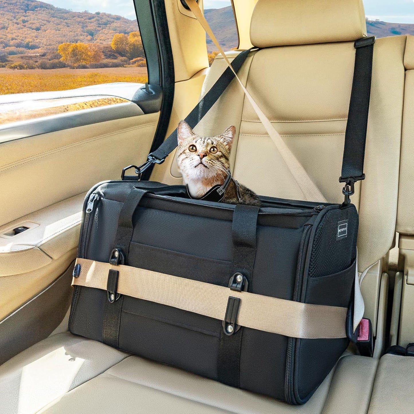 PETSFIT Soft-Sided Cat Carriers & Car Seats with Patent Safe Buckles, Clip-On Harness, 18"x11"x11" Airline Approved Pet Carrier - 9 lbs Capacity (Black)