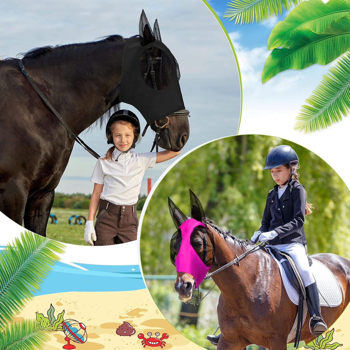 Frienda 4 Pcs Horse Fly Masks with Ears Head Fly Masks for Horses Smooth Elastic UV Protection Cover from Summer Insect Pests(Large,Purple, Blue, Pink, Black)