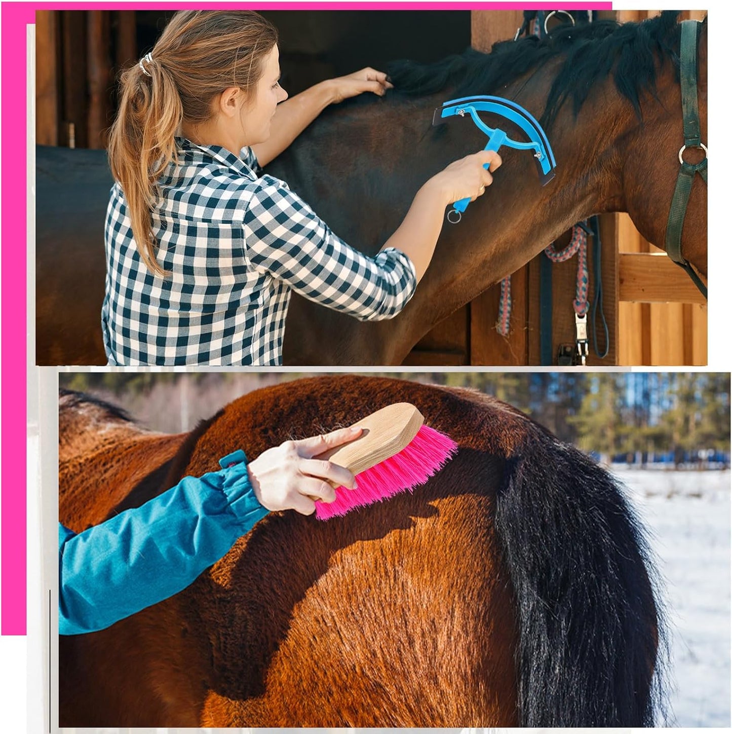Abbylike 12 Pieces Horse Grooming Kit Racing Festival Tack Room Supplies Horse Brush Sets Equine Care Cleaning Kit Shedding Grooming Massaging Tools(Rose Red)