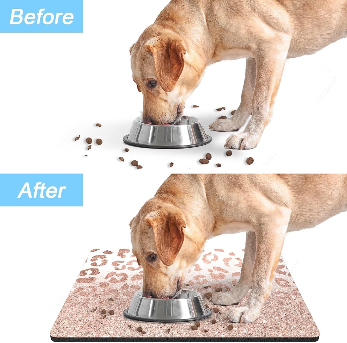Rnivvi Dog Food Mat, 12" x 19" Leopard Absorbent Dog Cat Bowl Mat for Food and Water, Cute Anti-Slip Rubber Pet Feeding Rug Protect Floors, Puppy Placemat for Feeding & Watering Supplies, Rose