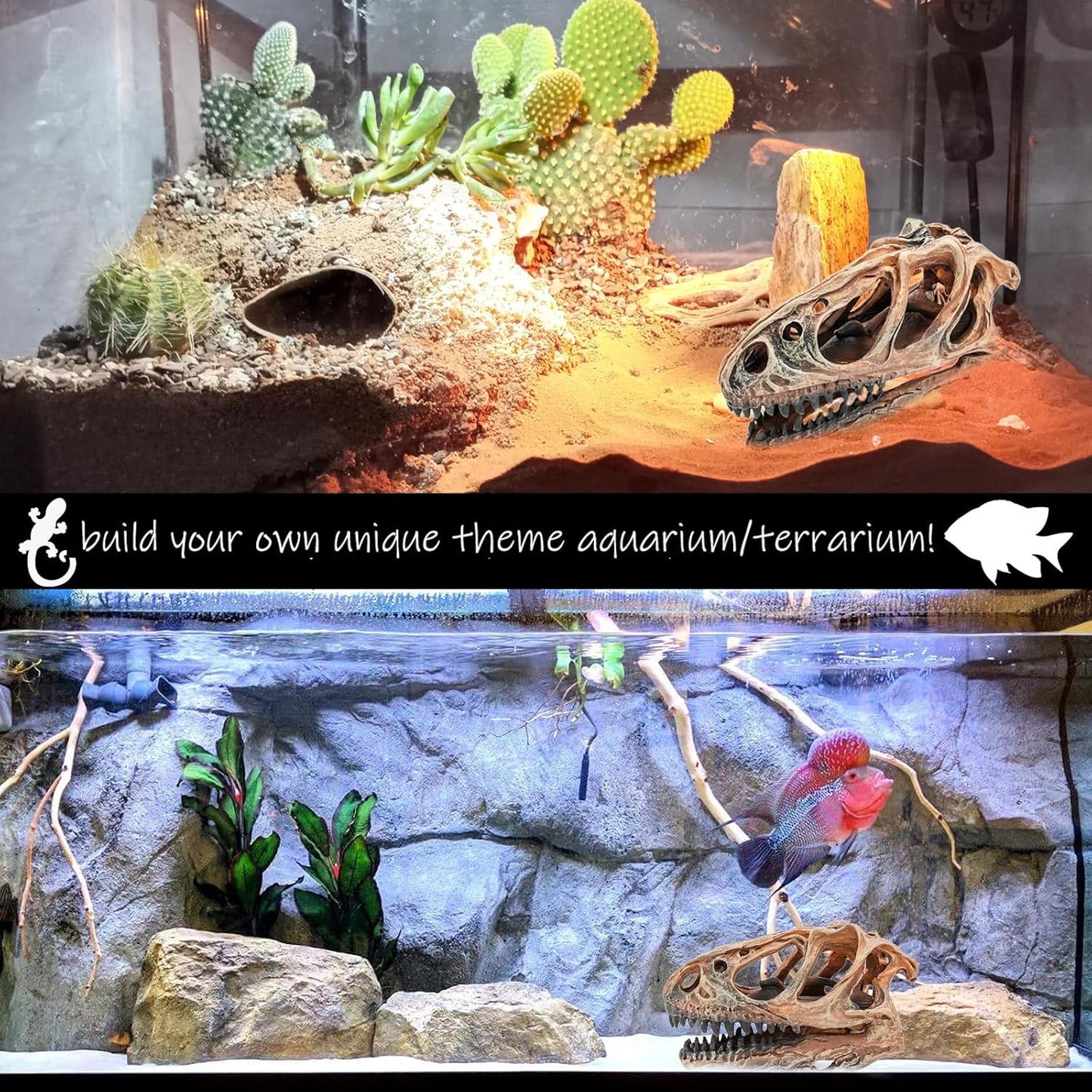 Fish Hideout Aquarium Décor Decorations Dinosaur Skull Fish Tank Decor Cave Dinosaur Skull Betta Animal Halloween Large Tarantula Reptile Bones Snake for Terrarium Ornament