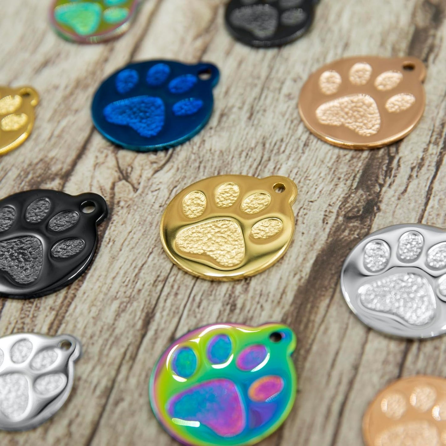Engraved Pet Tag for Dogs and Cats - Personalized Front & Back up to 4 Lines of Text Custom Engraved ID, Round Paw Print Solid Plating Stainless Steel Rose Gold Regular