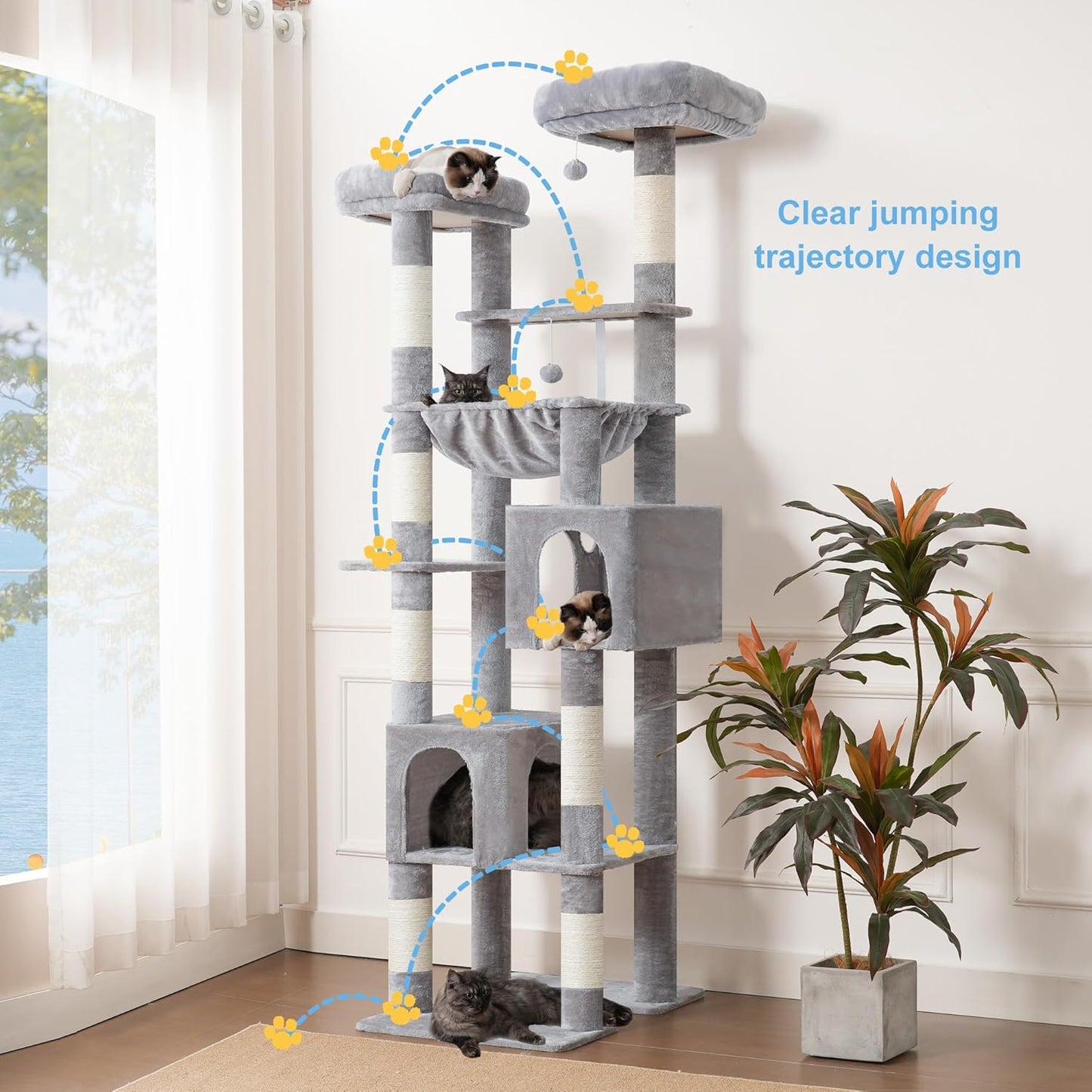 Hey-brother Tall Cat Tree Tower, Heavy Duty Scratching Posts with Large Platforms, Cozy Condos, Big Hammock, Toy Balls, Multi-Level Furniture for Indoor Adult Cats, 80.7 Inches, Light Gray MPJ039W