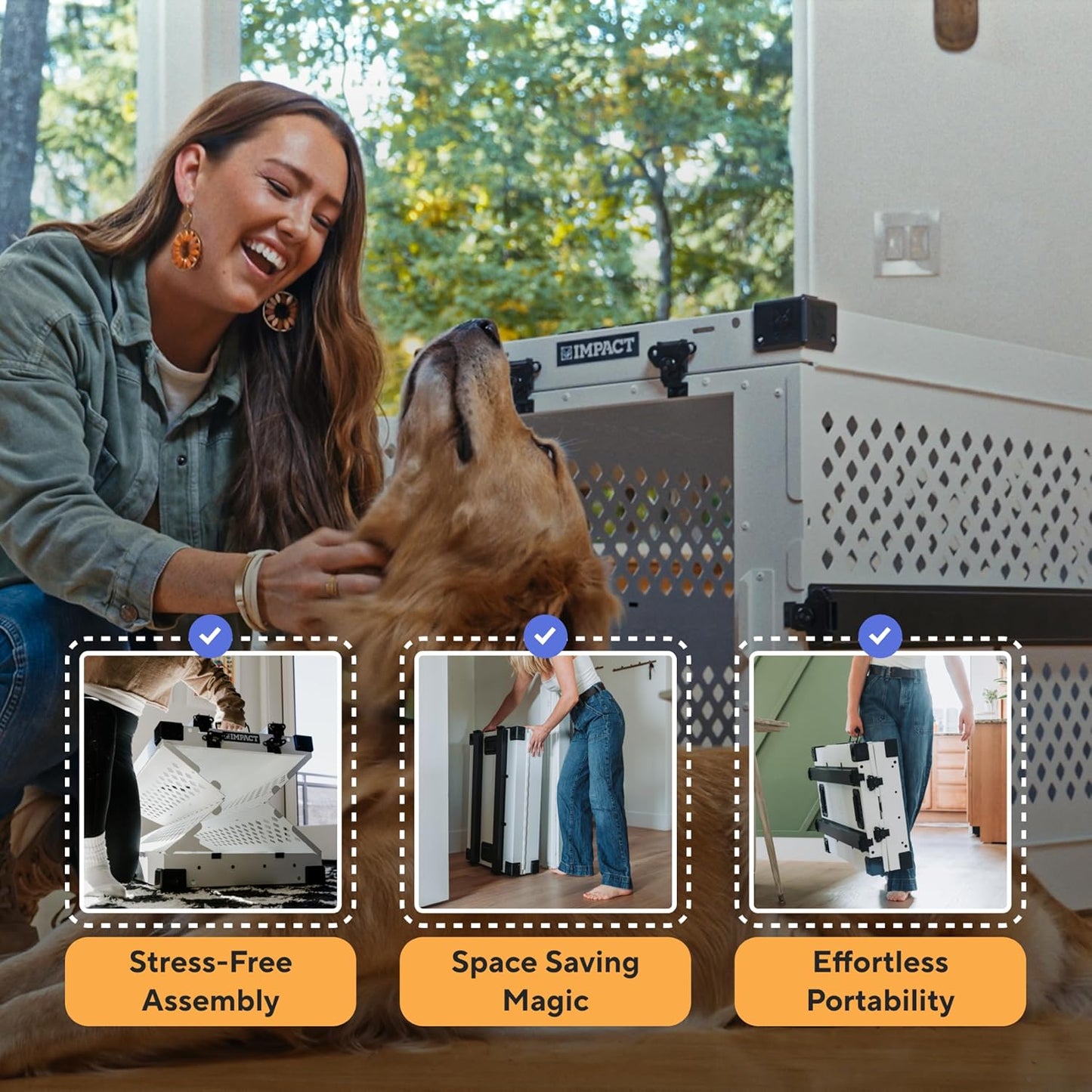 Impact Collapsible Dog Crate - Foldable Hard Crate for Intermediate Dogs - Heavy Duty Travel Kennel with Powder-Coated Aluminum - Quick Setup for Indoor & Outdoor (White, 34" (34.5" L x 23" W x 29" H)