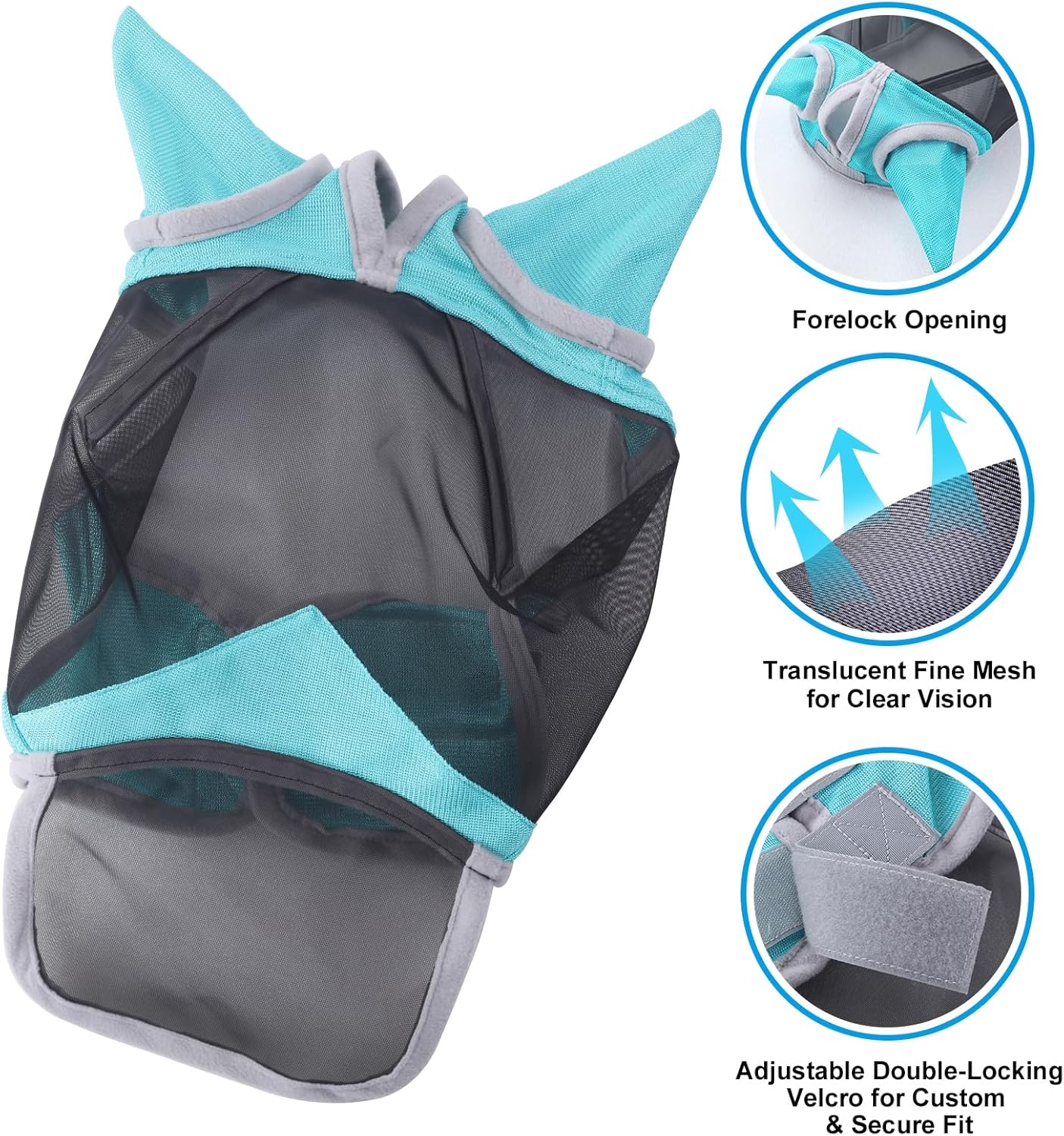 Horse Fly Mask with Ears & Long Nose Cover | Forelock Opening for Tangle-Free Mane Care | UV Protection & Breathable Mesh | No Rub Fit and Enhanced Visbility for Trail Riding Turquoise Cob