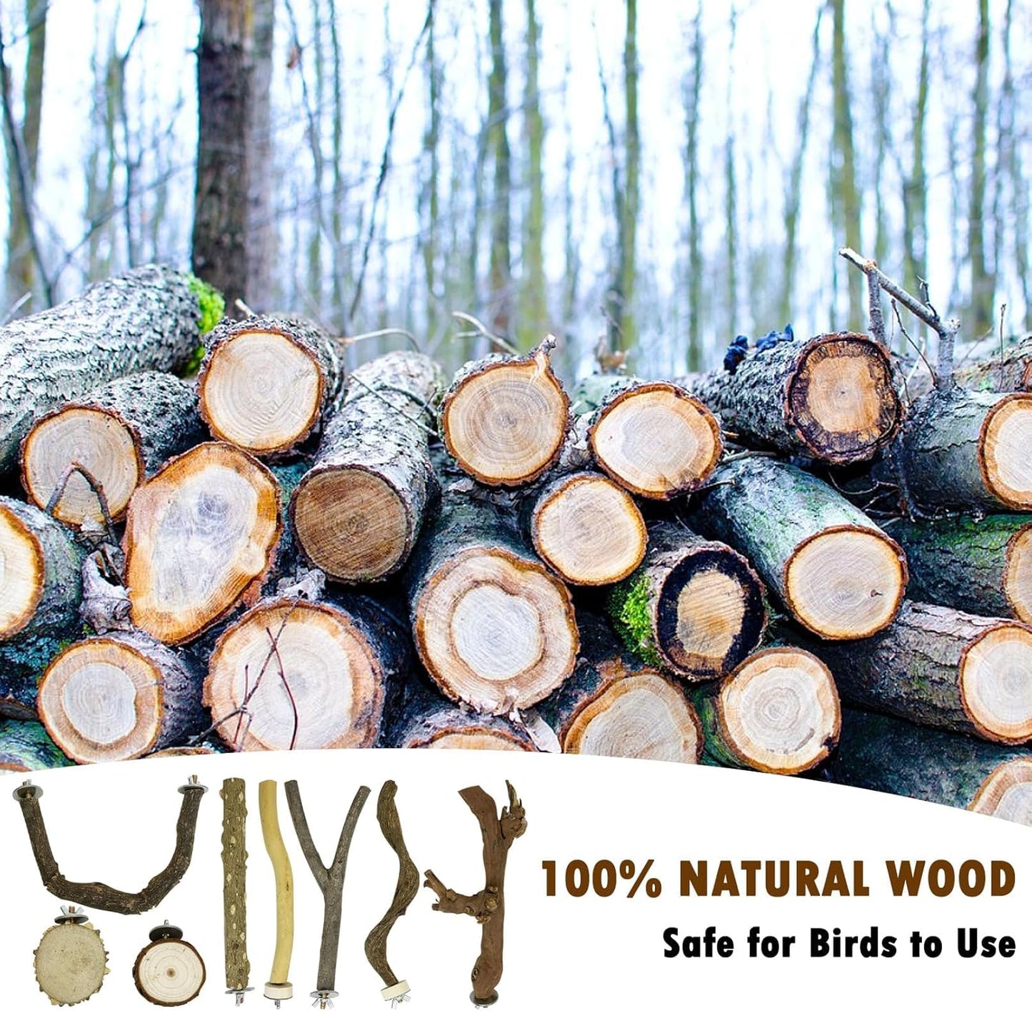 PINVNBY 8 PCS Bird Perches Natural Wood Parrot Perch Sets Paw Grinding Fork Bird Perch Chewing Stick Parakeet Platform Hammock Bird Toys Bird Cage Accessories for Cockatiels Conures Budgies Macaws