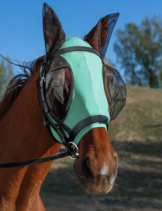 Horse Fly Mask with Ears, UV Protection for Horses, Elasticity with Big Mesh Eye Covers, Snug Fitting Comfortable Breathable Lightweight for Horses Gentle Mint Cob