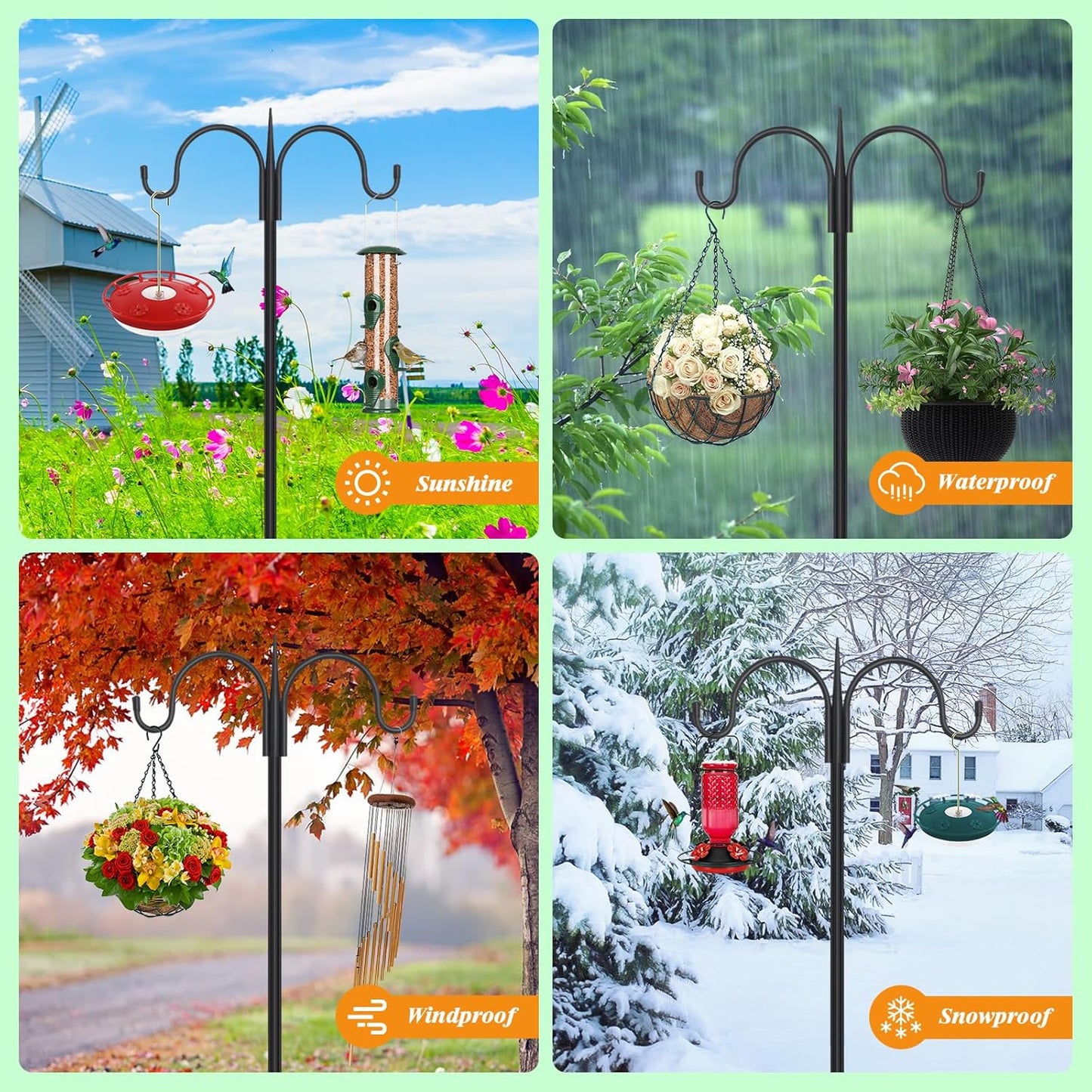 FEED GARDEN Adjustable Double Shepherds Hook for Outdoor with 5 Prong Base 108 Inch Heavy Duty Two Sided Bird Feeder Pole for Hanging Plant Baskets, Solar Light Lanterns, Wind Chimes 2 Pack