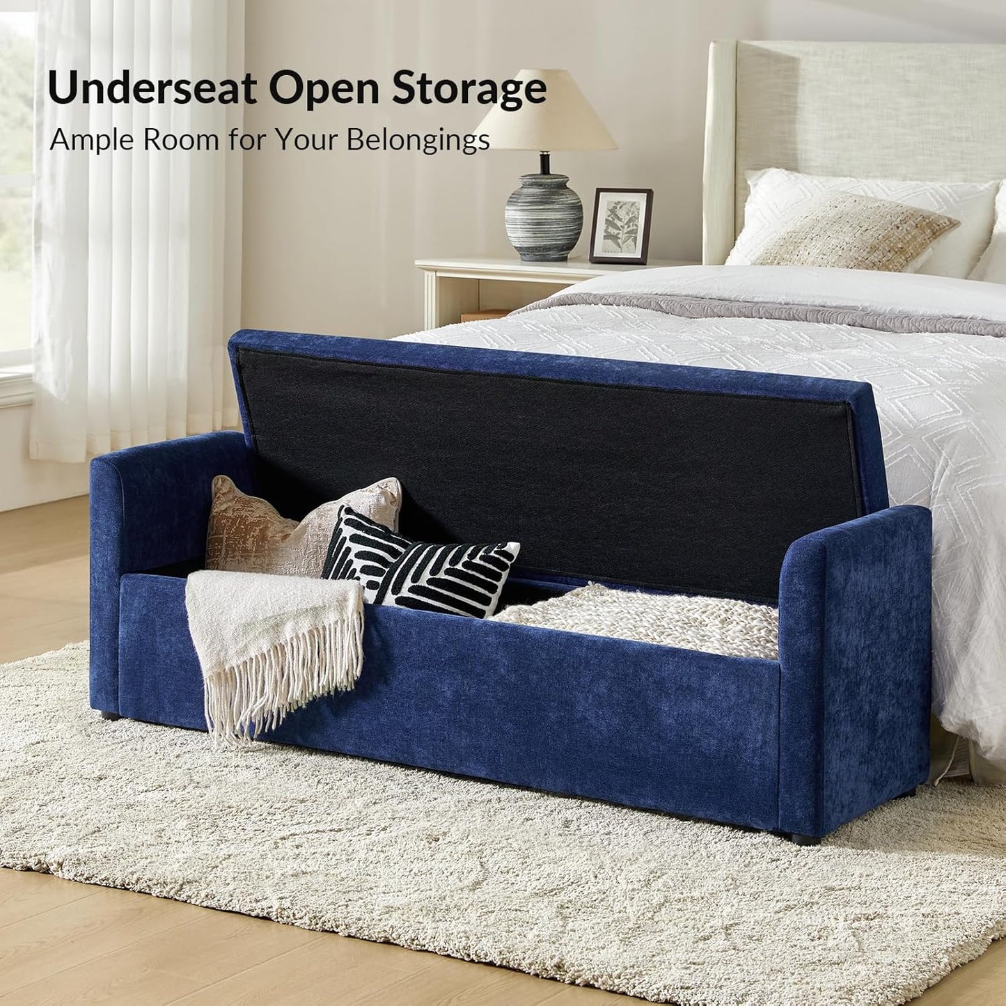HULALA HOME Modern Storage Ottoman Bench with Throw Pillows, 59.4" Extra Long Bedroom Bench for End of Bed, Comfy Upholstered Footstool for Entryway Living Room Dining Room, Navy