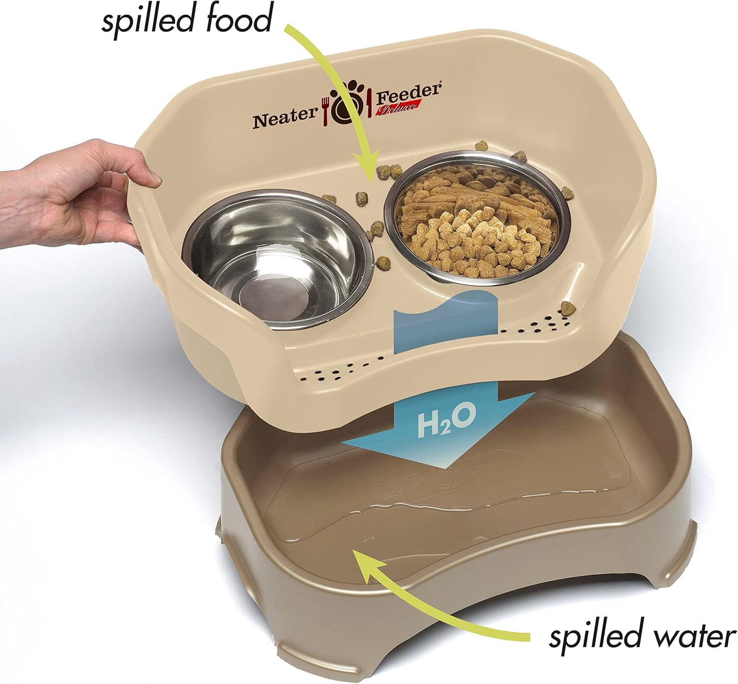 Neater Feeder Deluxe Mess Proof Dog Bowls Elevated for Small Breeds – Made in USA – No Spill Raised Dog Food Bowl Stand w/Leg Extensions – Stainless Steel Dog Food and Water Bowl Set – Beige
