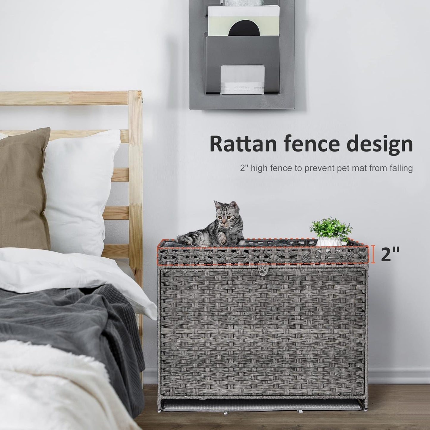 Cat Litter Box Enclosure with Soft Litter Mat; Hidden Kitten Washroom Furniture with Door; Handwoven Rattan Cat House with Large Space; Pet Crate for Living Room, Bedroom, Balcony (Grey)