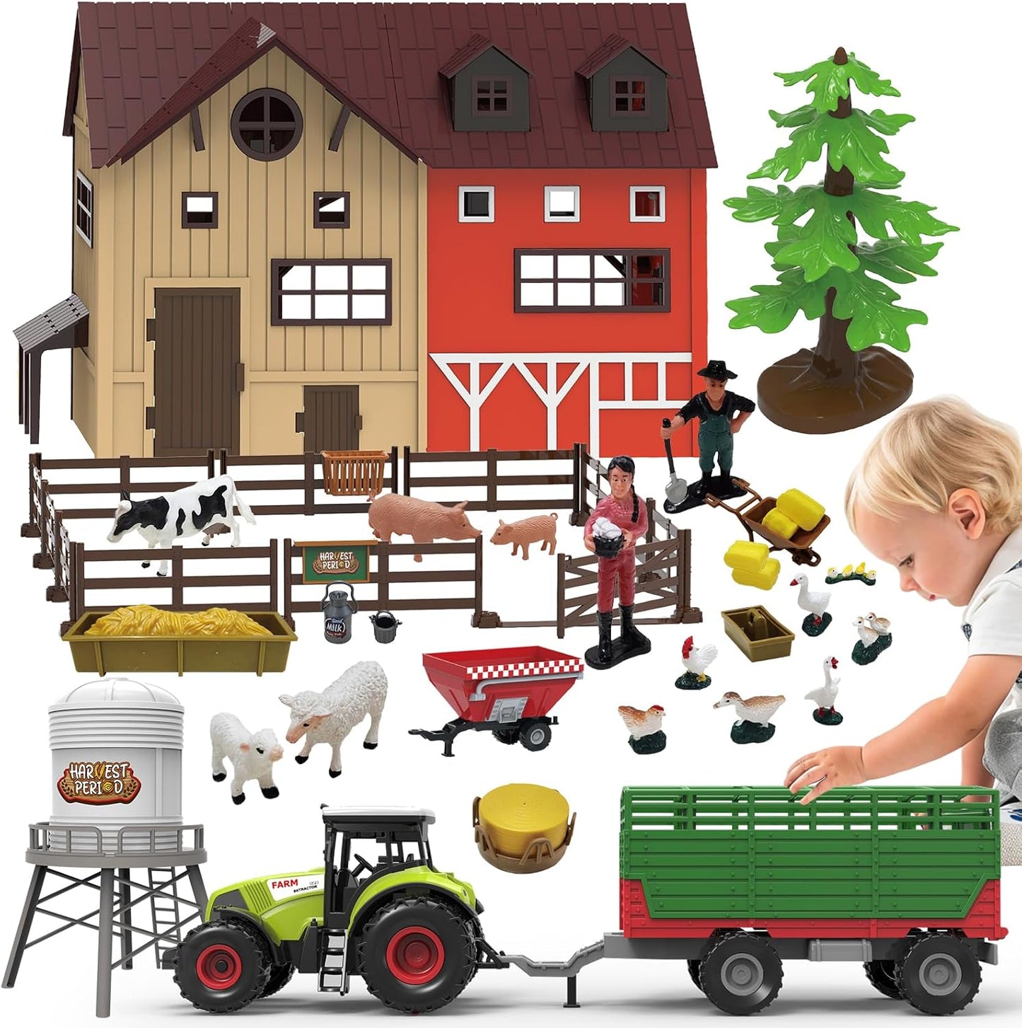 109PCS Farm Animals Toys Set Comes with Barn, Rice Storehouse, Rice Trolley, Milking shed, Farmer, Fence - Playset for Kids Toddlers Boys Girls 5+ Years Old