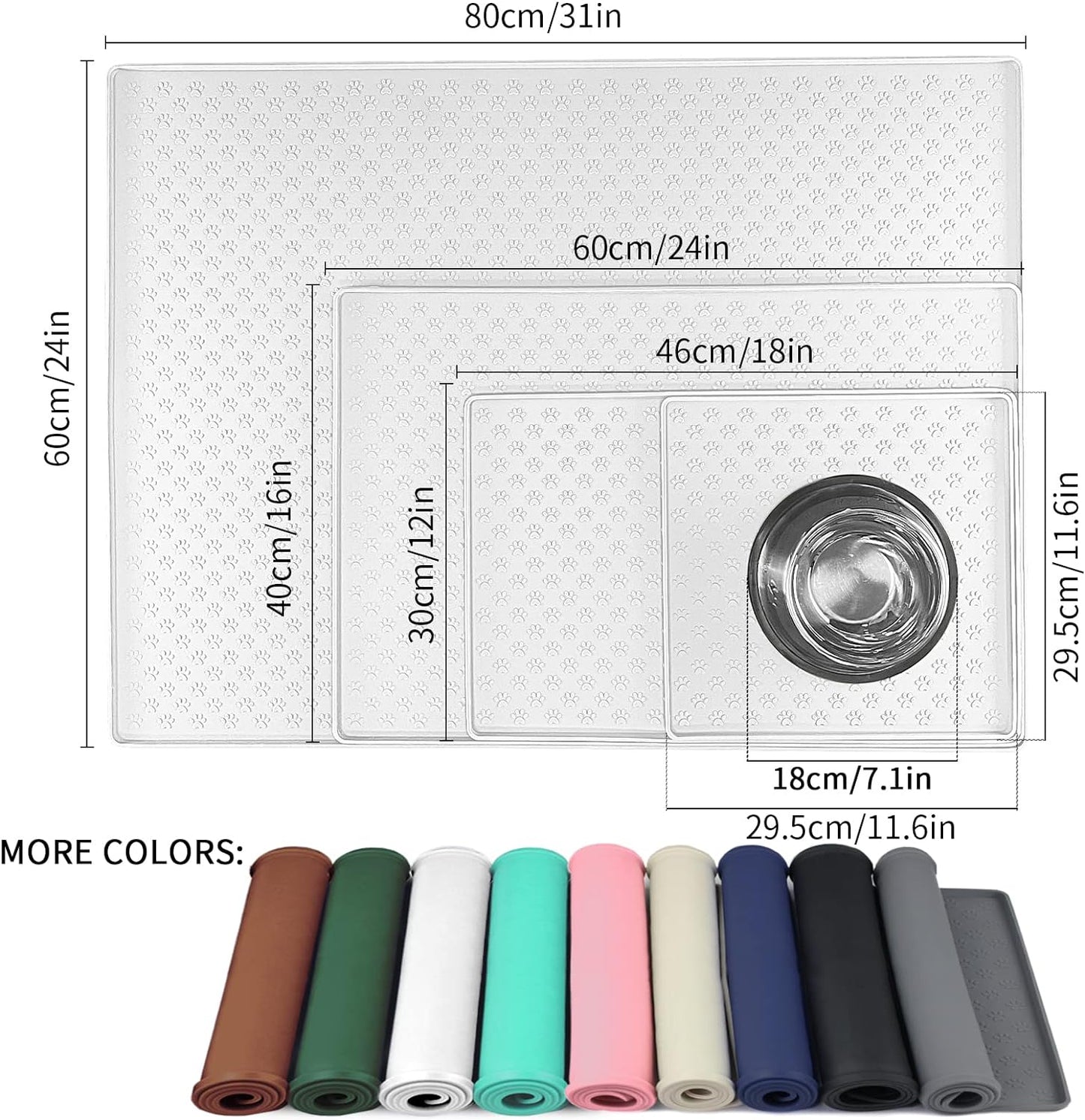 Ptlom Pet Placemat for Dog and Cat, Waterproof Silicone Pet Feeding Bowl Mats for Food and Water, Small Medium Large Dogs Mat Prevent Residues from Spilling to Floor, White, 11.8"x11.8"