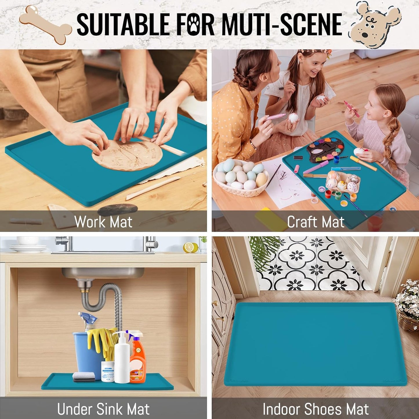 MateeyLife Dog & Cat Food Mat, Waterproof & Nonslip Silicone Feeding Mats for Dogs and Cats, Raised Edge Tray for Messy Drinkers, 24"x16", Teal