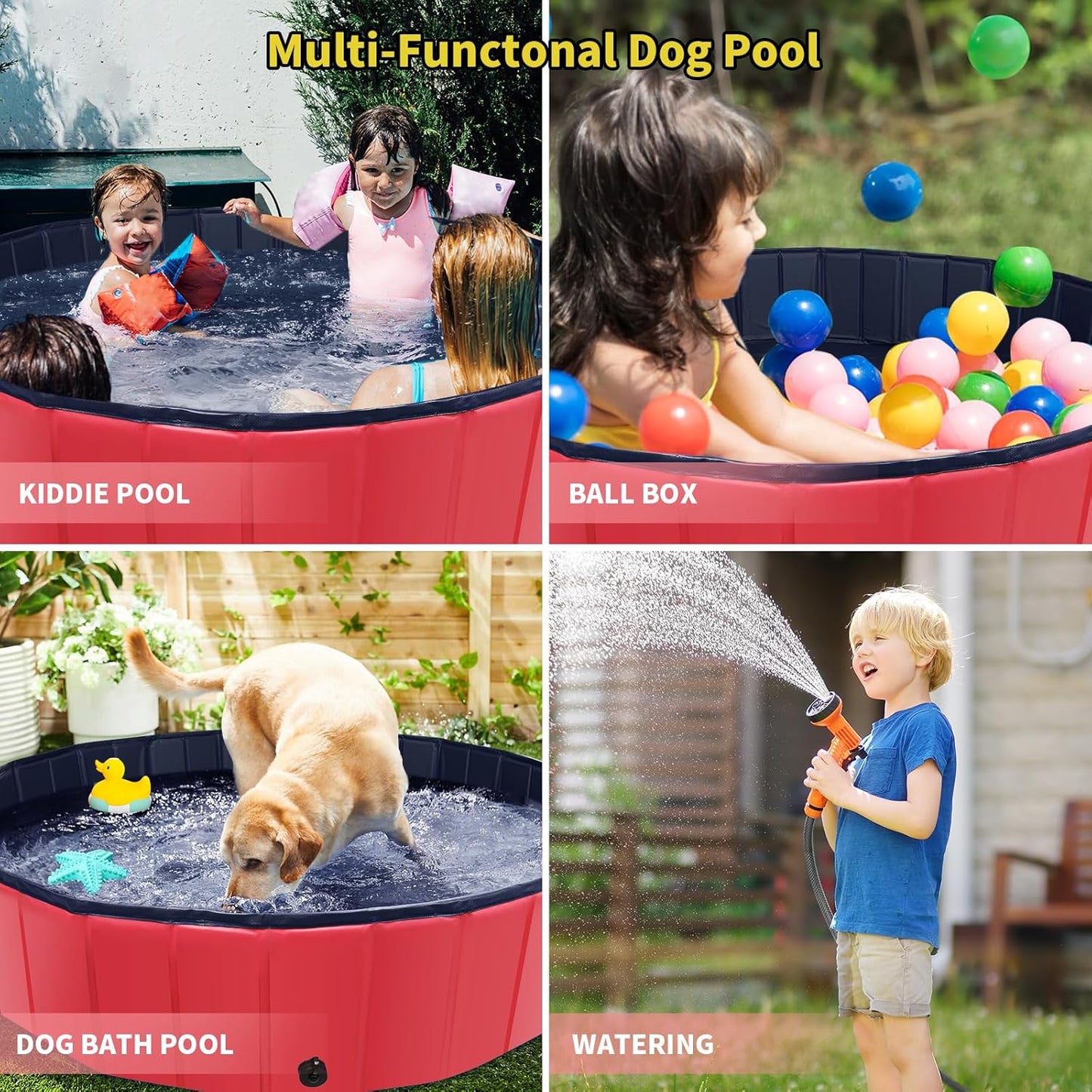 Foldable Dog Pool, 71" x 14" Large Kiddie Pool with Hard Plastic, Non-Slip Dog Bath Tub for Outdoor Backyard, Collapsible Dog Swimming Pool for Kids Dogs Pets (Red)