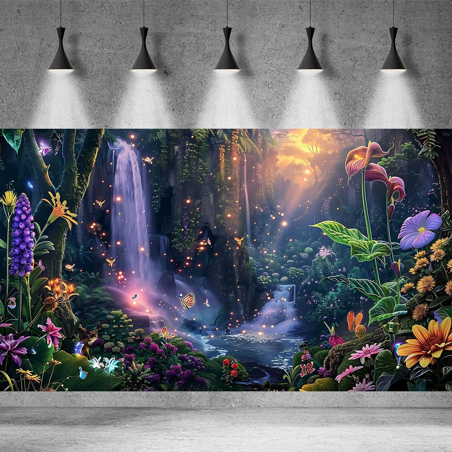 Fantasy Garden Aquarium Background Sunset Waterfall and Flowers Terrarium Backdrop Tropical Forest Lush Plant Magic Butterfly Lights Flowers Fish Tank Background Poster Decorations 72x24in