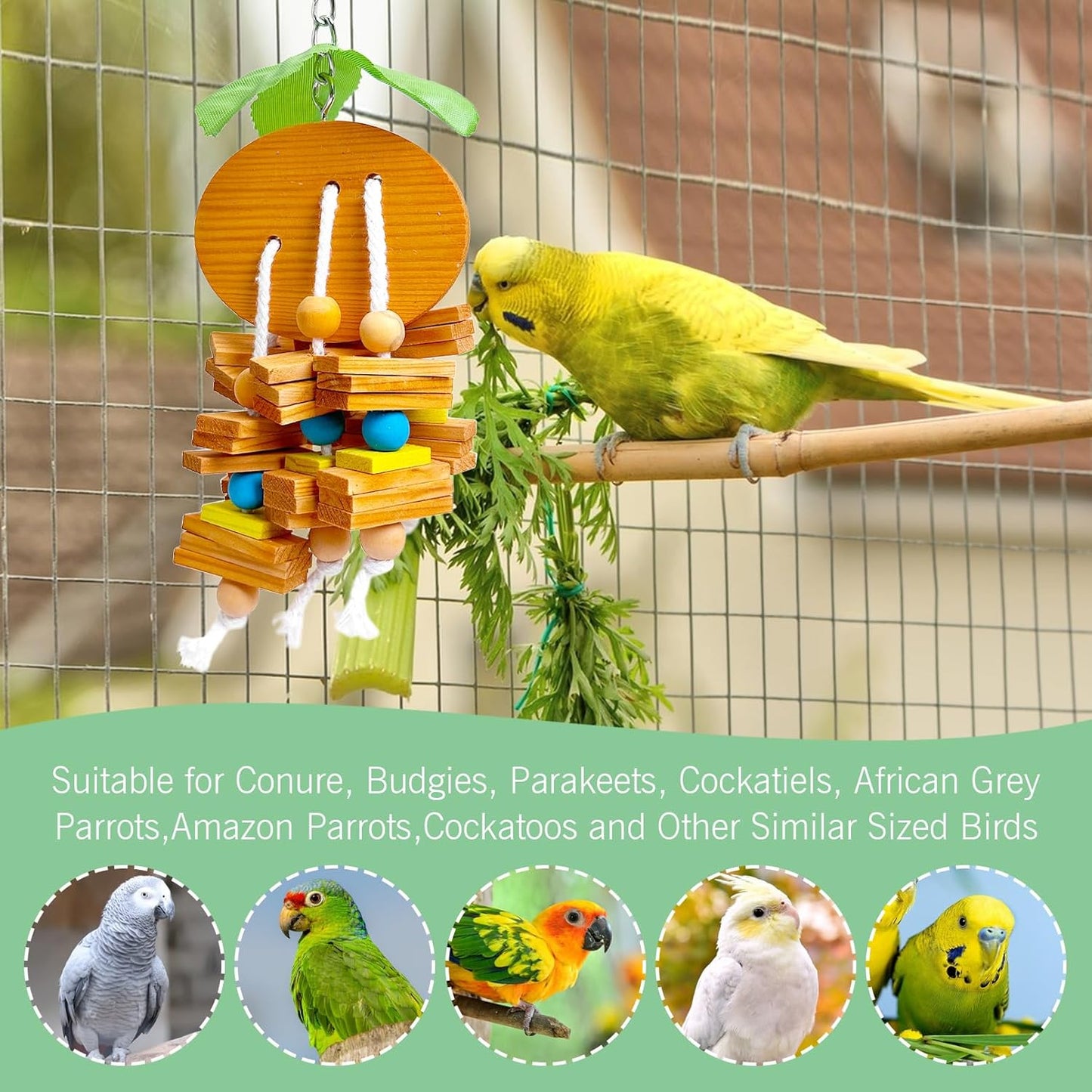 Hamiledyi Natural Wood Block Bird Cage Toys Parrot Chewing Toy Orange&Apple& Banana&Grapes Shaped Hanging Foraging Toy for Small&Medium Birds Parakeets Cockatiels,4pcs
