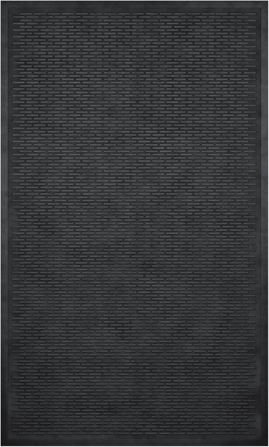 Indoor/Outdoor Hose-Wash Ribbed Design Non-Slip Rubber 3x5 Modern Area Rug for Living Room, Bedroom, Dining Room, Office, 35" x 60", Black