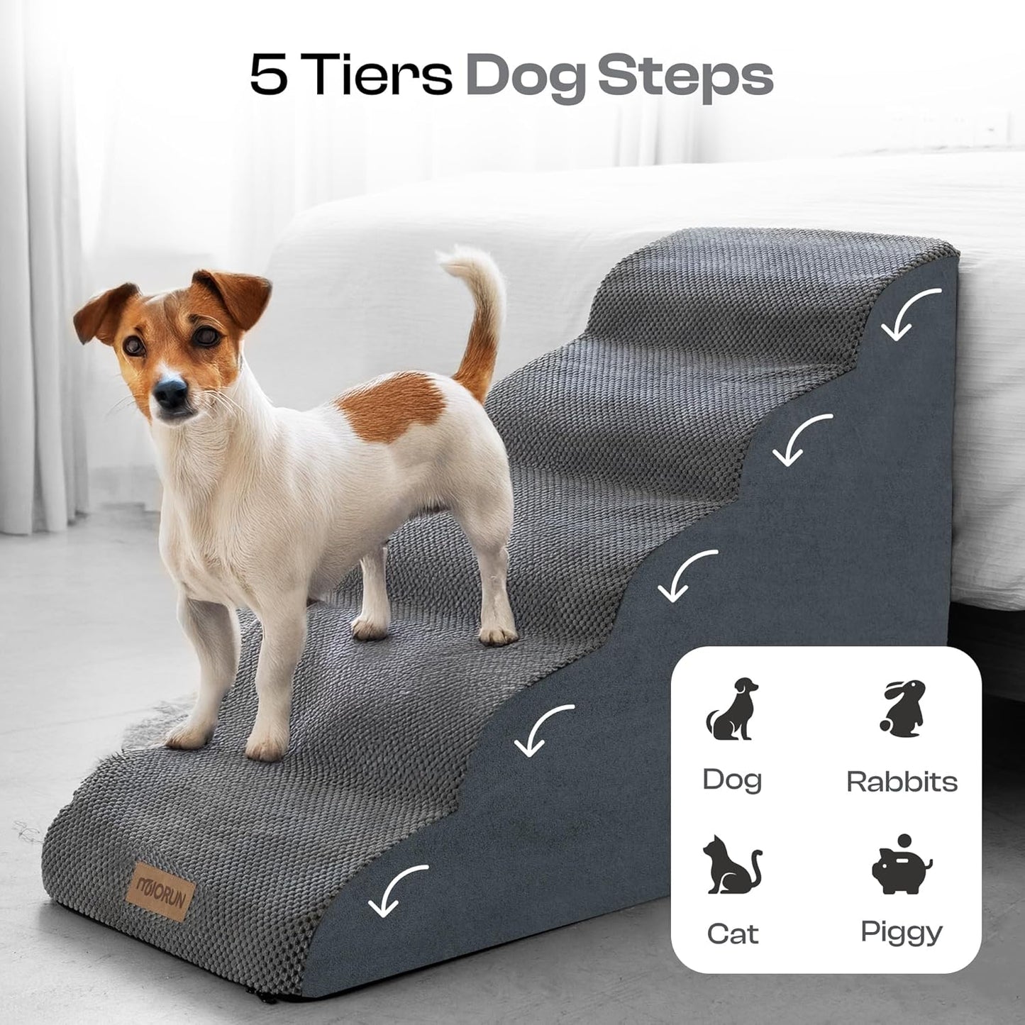 5-Step Curved Dog Stairs for High Beds Up to 30", Non-Slip Foam Pet Ramp for Large Dogs and Cats, Washable Cover, Soft Climbing Steps for Couch & Sofa