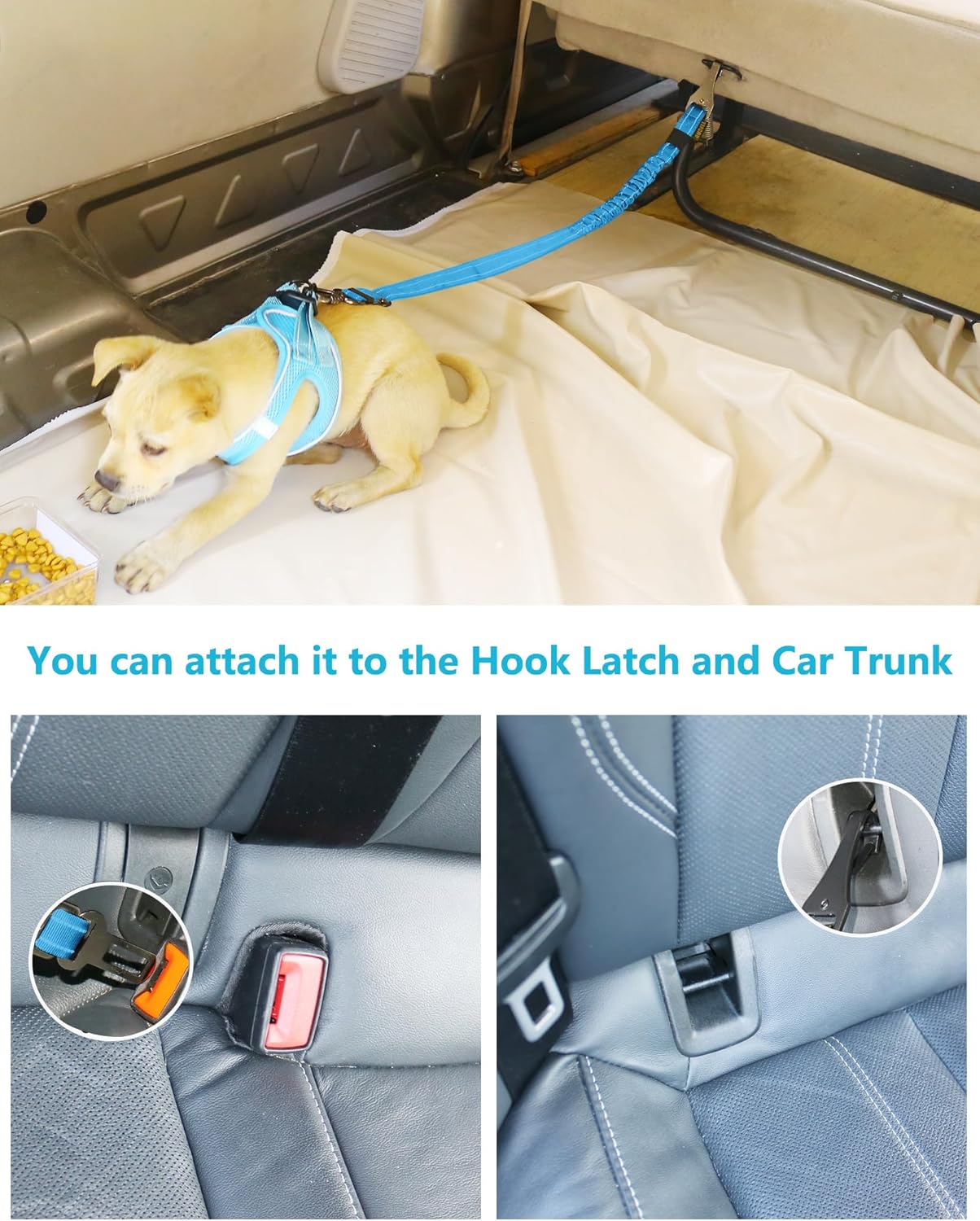 AUBELL Dog Seat Belt for Car,2 Pack Set 3-in-1 Adjustable Reflective Bungee Heavy Duty Dog Car Harness Tether with Clip Hook Latch & Buckle,Swivel Zinc Alloy Carabiner,Black+Blue