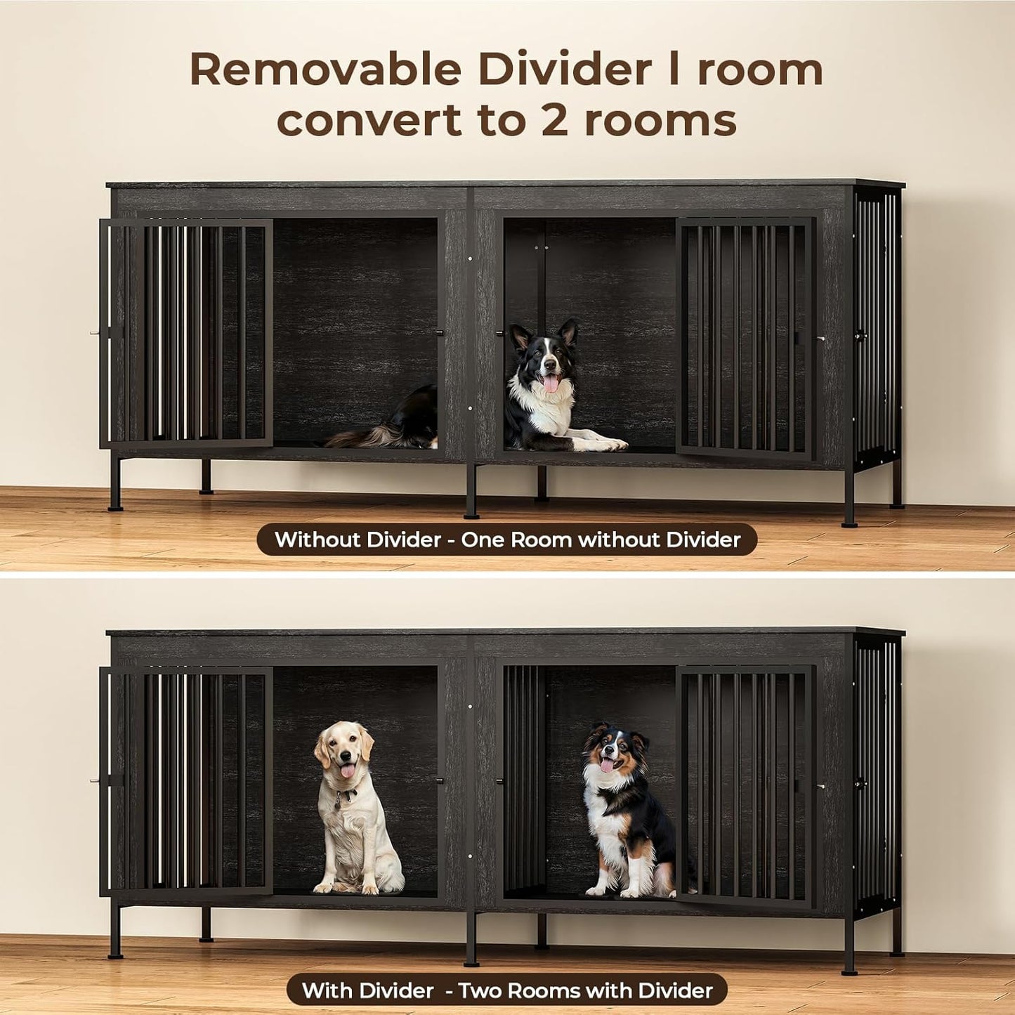 78 Inch Dog Cage Furniture for 2 Large/Medium Dogs with Removable Divider, Extra Large Double Doors Dog Kennel, XXL Thick Wooden Dog cage Furniture, Durable and Sturdy, Dark Grey