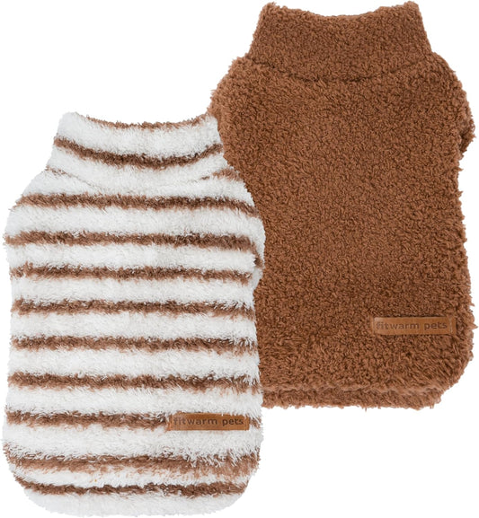 Fitwarm 2 Pack Striped Fleece Dog Sweater, Warm Winter Clothes for Small Dogs Boy Girl, Fuzzy Pet Outfit, White, Brown, XXL