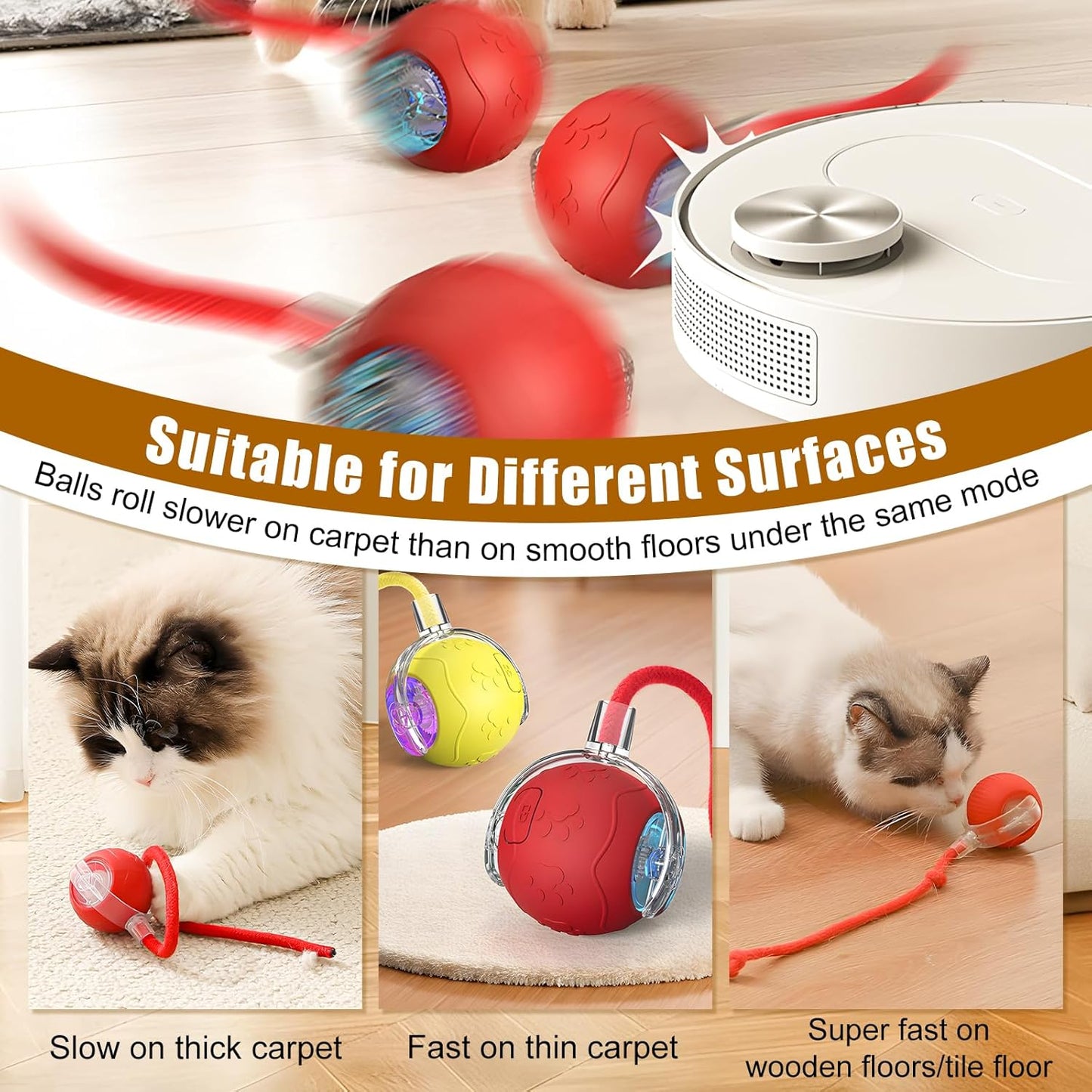 Interactive Cat Toys for Indoor Cats, 2025 New Interactive Cat Toys, Intelligent Automatic Rolling Pet Ball, Automatic Obstacle Avoidance Cat Toy Ball with Rope, Three Modes Adjustment (red)