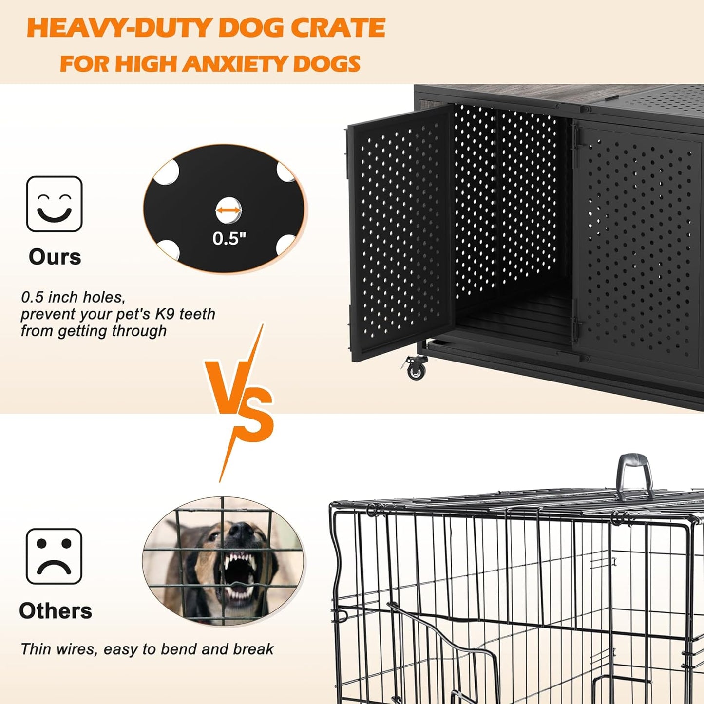 42" Heavy Duty Dog Crate Furniture for Medium and Large Dogs, Enclosed Design with 0.5 inch Holes, Indestructible Metal Kennel for High Anxiety Dogs, Chew Proof Indoor Pet House Cage, Gray