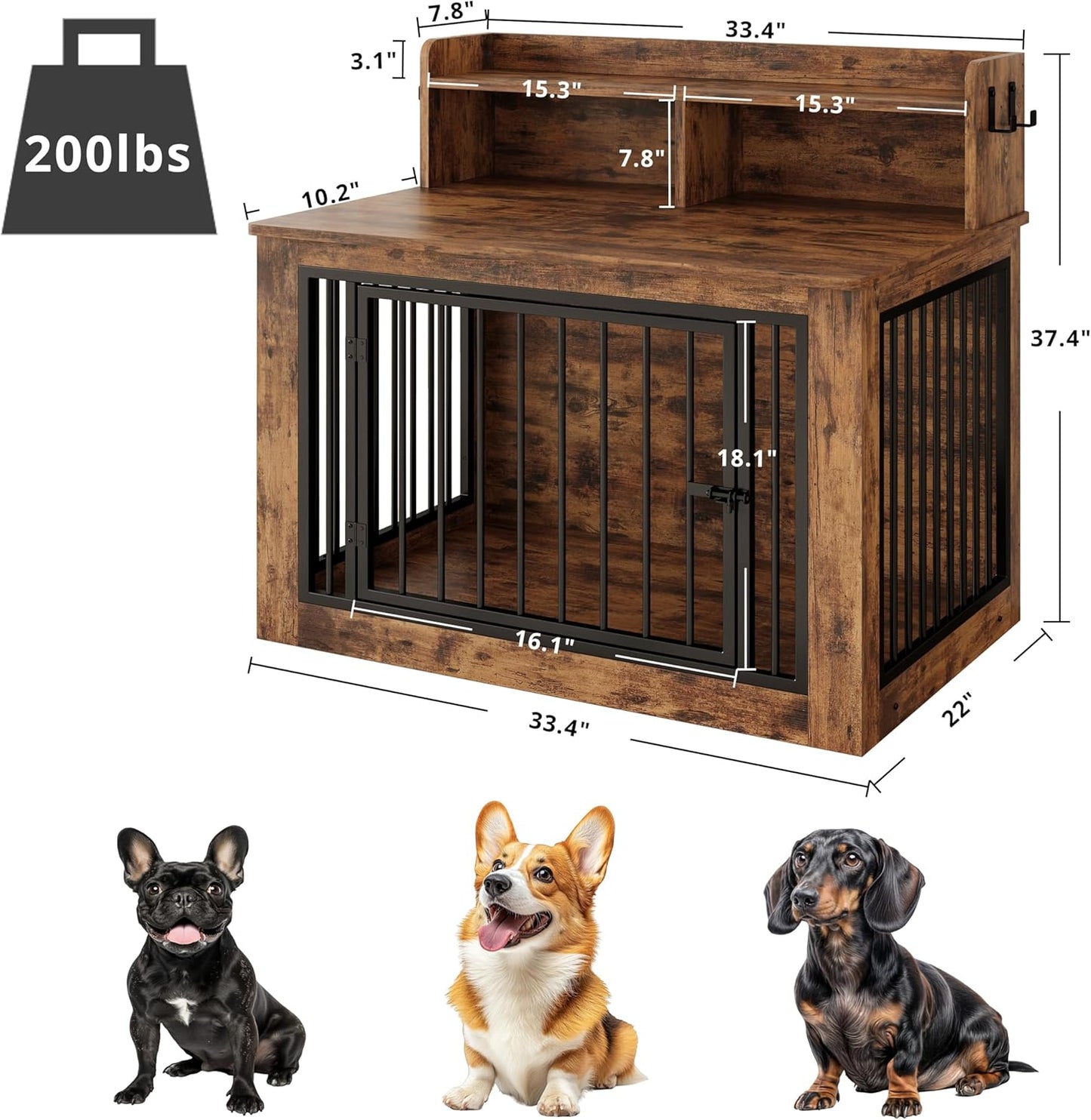 IRONCK Dog Crate Furniture, 33.4 inches Wooden Small Dog Crate with Storage and 4 Hooks, Heavy Duty Pet Crate for Small Dog, Decorative Pet Cage for Indoor (22" L x 33.4" W x 37.4" H)