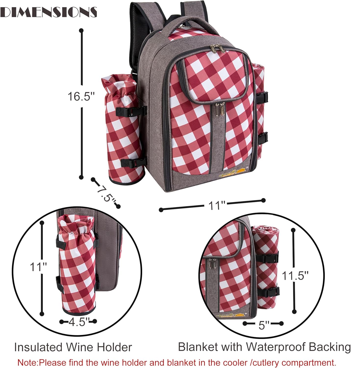 apollo walker Picnic Backpack Bag with Cooler Compartment, Detachable Bottle/Wine Holder, Fleece Blanket, Plates and Cutlery Set (2 Person, Gray)