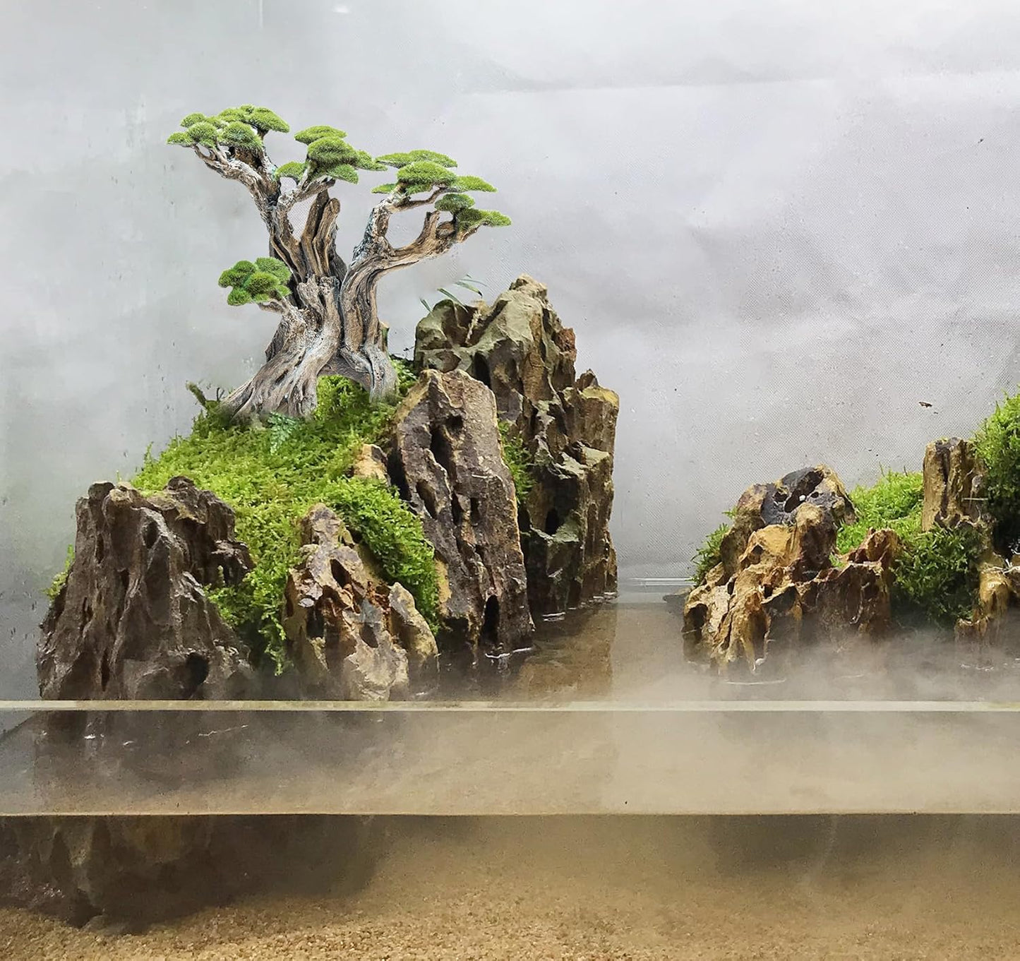 Fish Tank Decor- Bonsai Tree of The Forest with Faux Moss- Aquarium Decoration Aquascaping- Made of Sandstone, 8.8 x 4.3 x 7.8 inches