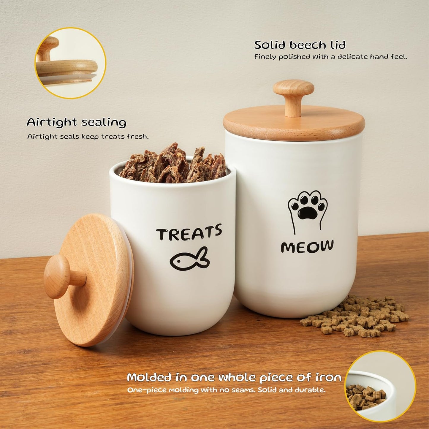 Cat Treat Container with Airtight Lid, Cat Food Oganizer Dry Food, Cat Food Storage Containers, Pet Treats Canister, Cat Treat Jar Set of 2-8.3x4.9 & 7.1x4.3 (White)