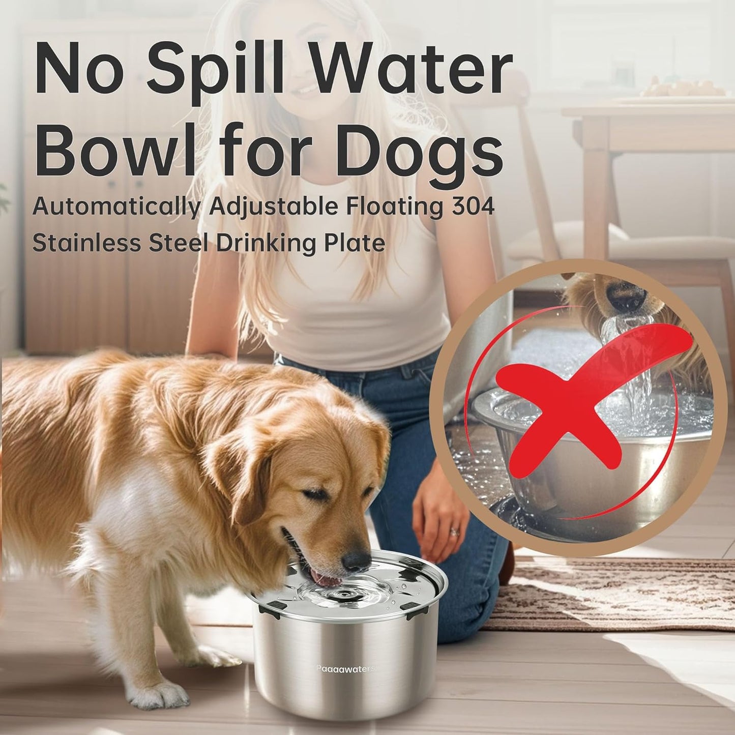 5.6L/190oz Large Dog Water Bowl No Spill, No Drip Dog Water Dispenser with Floating Disk, Stainless Steel Slow Drinking Bowl for Small Medium & Large Dogs