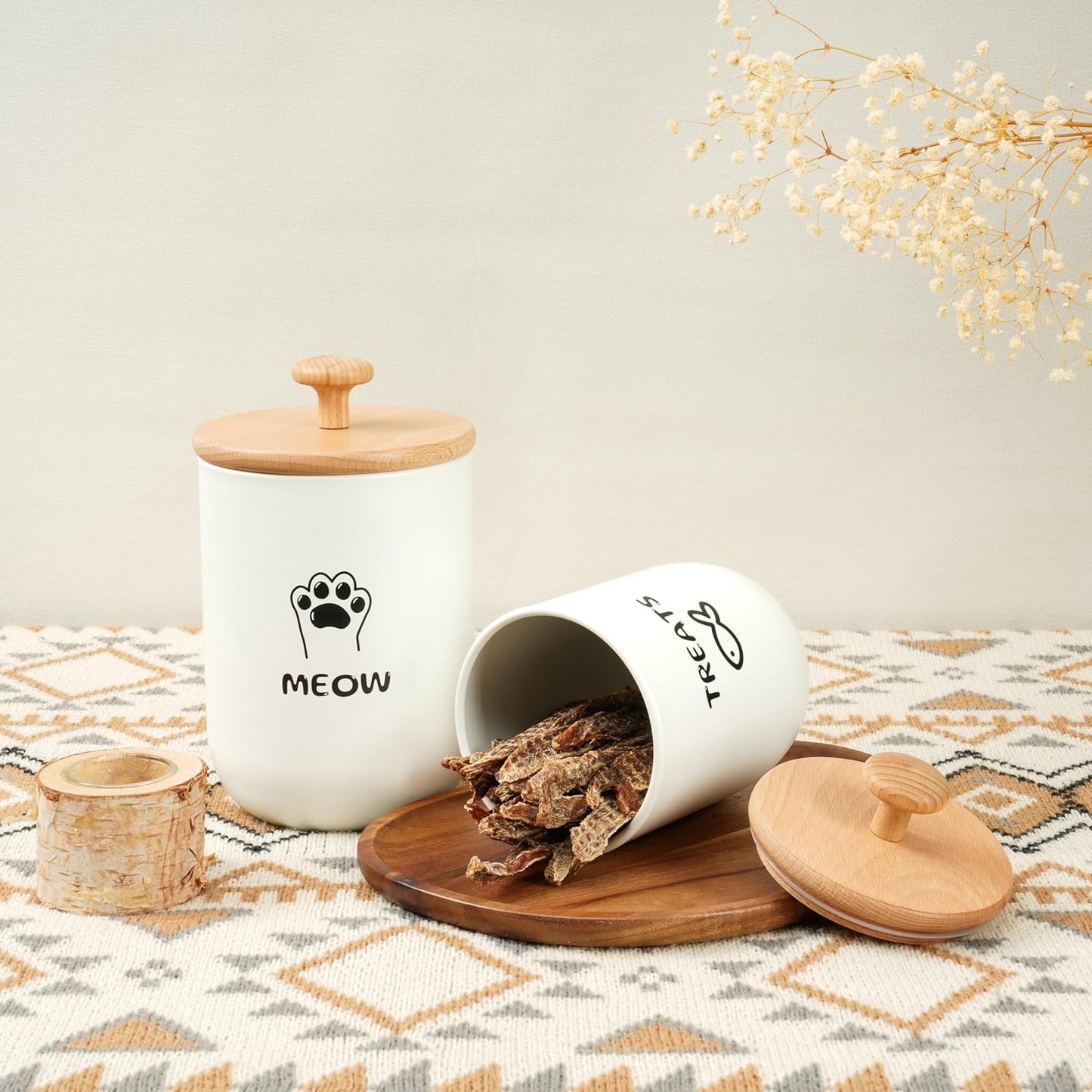 Cat Treat Container with Airtight Lid, Cat Food Oganizer Dry Food, Cat Food Storage Containers, Pet Treats Canister, Cat Treat Jar Set of 2-8.3x4.9 & 7.1x4.3 (White)