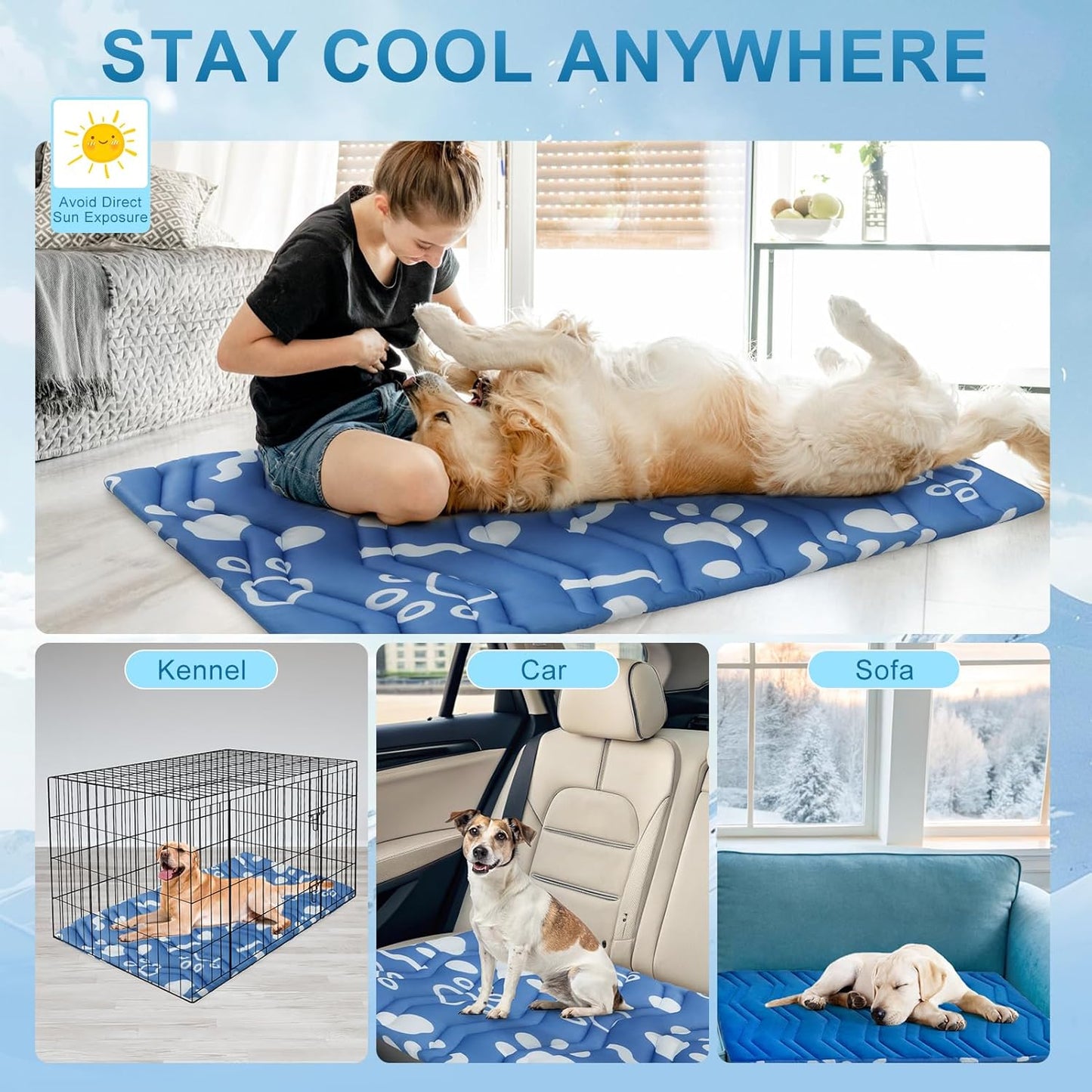 BEAUTYZOO Dog Cooling Mat- Upgraded Thicken Cooling Mat for Large Dogs Reversible(Cool & Warm) Pet Ice Cool Bed Washable & Portable, Summer Crate Pad for Big Dog Puppy Up to 100 lbs, Paw Blue 59X40IN