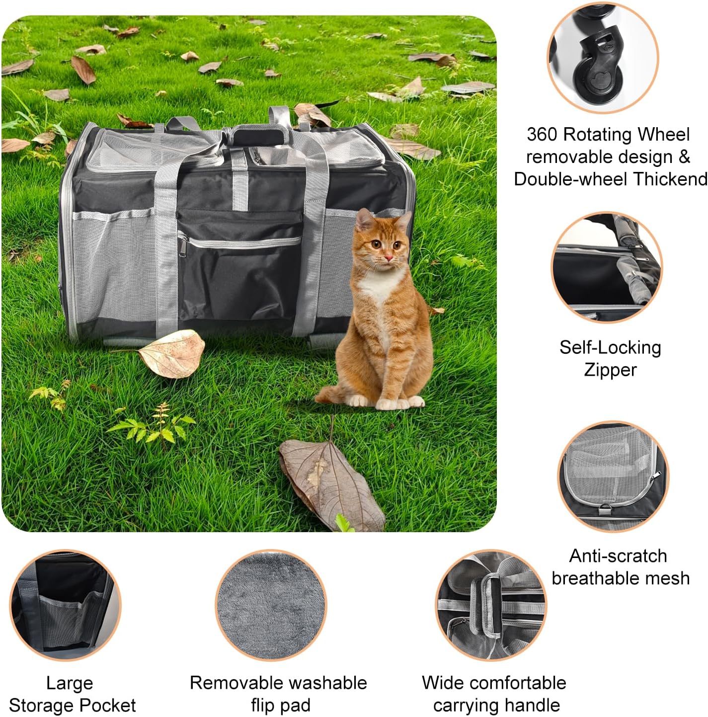 Cat Carrier for 2 Cats, Large Dog Cat Carrier with Wheels for Under 44lbs, Rolling Pet Carrier with Removable Pole Platform and Upgraded Wheels Dog Cat Travel Carrier for Hiking Camping, Black