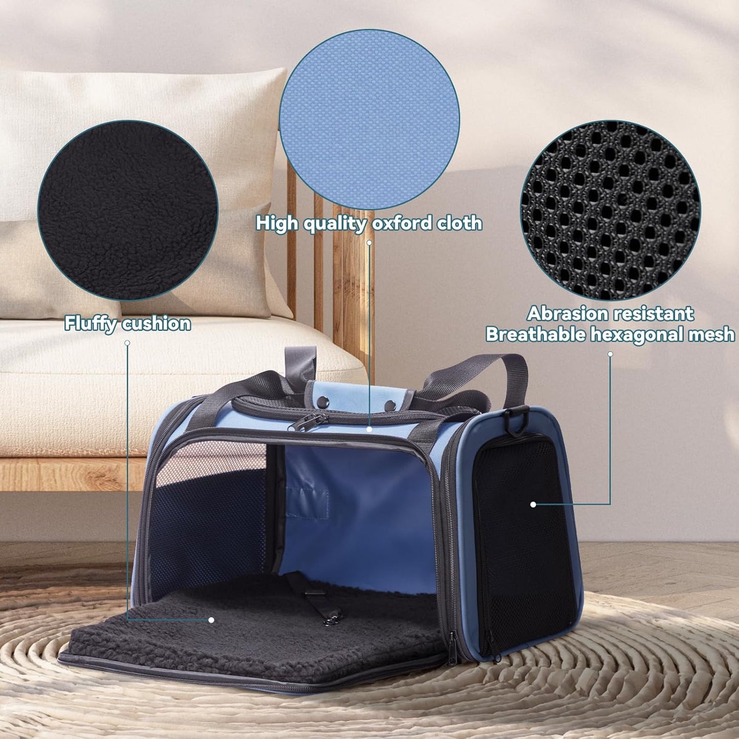 PETSFIT Pet Carrier, Dog Carrier Airline Approved, Collapsible Soft Sided TSA Approved Pet Carrier for Small and Medium Cats, Puppies Up to 12 Lbs, Cat Travel Carrier, Blue