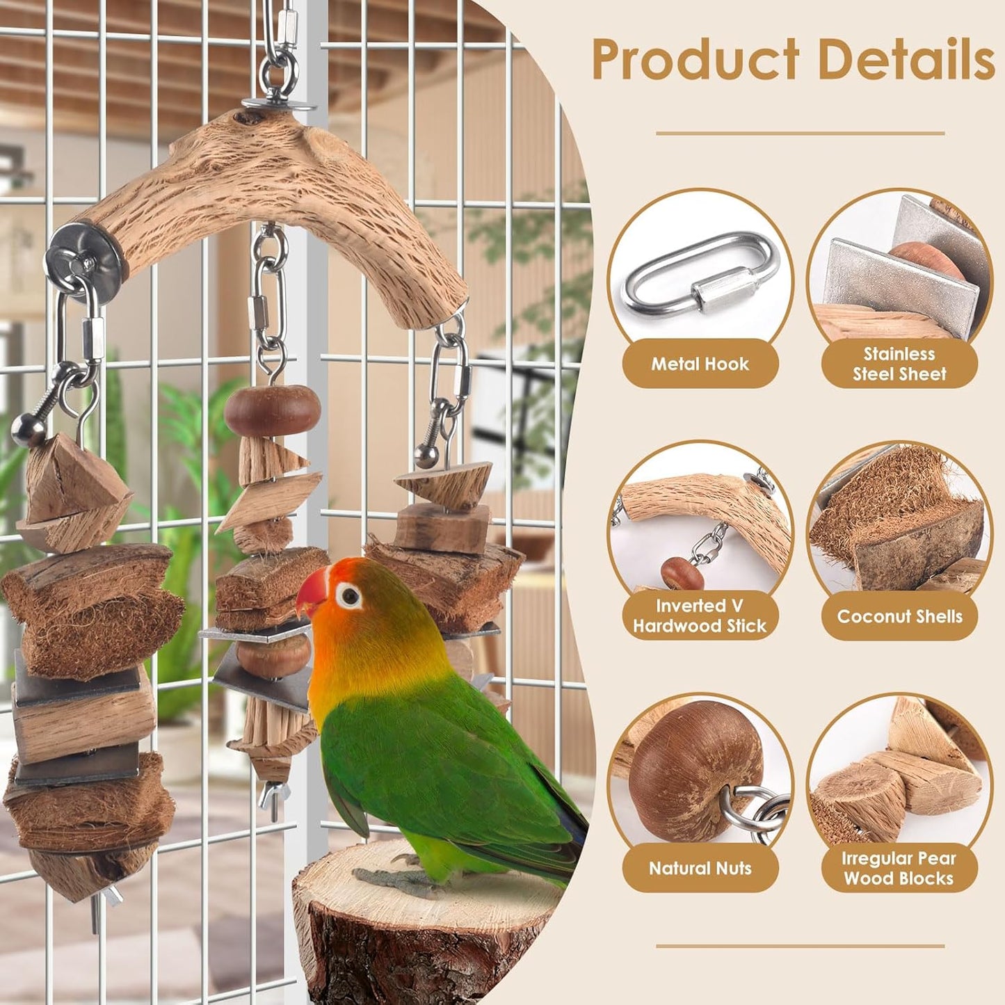 Bird Parrot Toys, Large Birds Wooden Chew Blocks with Stainless Steel Cage Hanging Bite Toy for Macaws, African Greys, Cokatoos, Amazon Parrots and Small Medium Parakeets