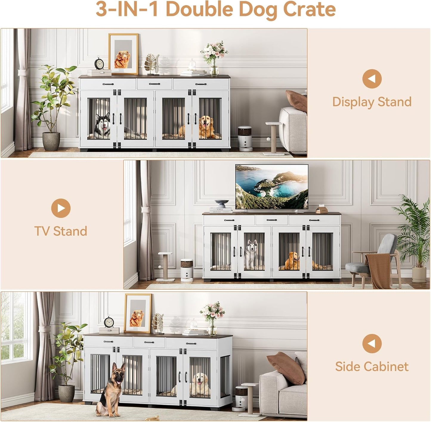71 in Dog Crate Furniture for 2 Dogs, Wooden Double Dog Crate with 3 Drawers and Removable Room Divider, XXL Indoor Dog Kennel TV Stand End Table with Double Doors for Large Medium Dogs, White