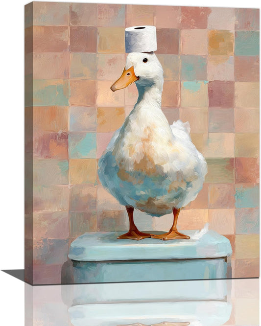 Funny Duck Bathroom Wall Art Cute Duck on Toilet Canvas Wall Decor Funny Quirky Farm Animal Pictures Painting Print Framed Artwork Decorations Gifts for Bathroom 16"x20"