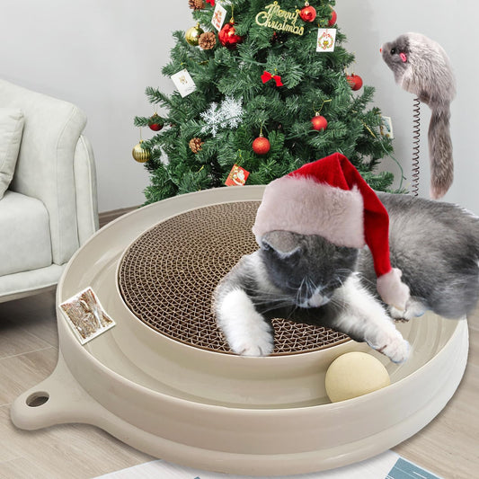 AUOON Cat Scratcher Toy - Cat Scratch Pad with Cat Toy Ball Track and Plush Mouse Toy for Indoor Cats and Kittens (Milk Shake)
