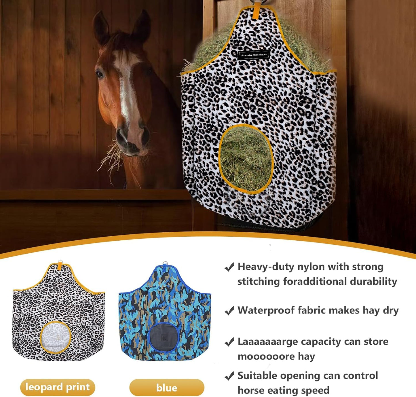 Horse Hay Bag Durable Oxford Fabric, Large Capacity Feeding Bag with Metal Snap Fastener, Slow Feeding Hay Sack, Ideal for Horse Cow Goats Donkey Perfect Hay Feeder with Open Feed Hole (Animal Print)