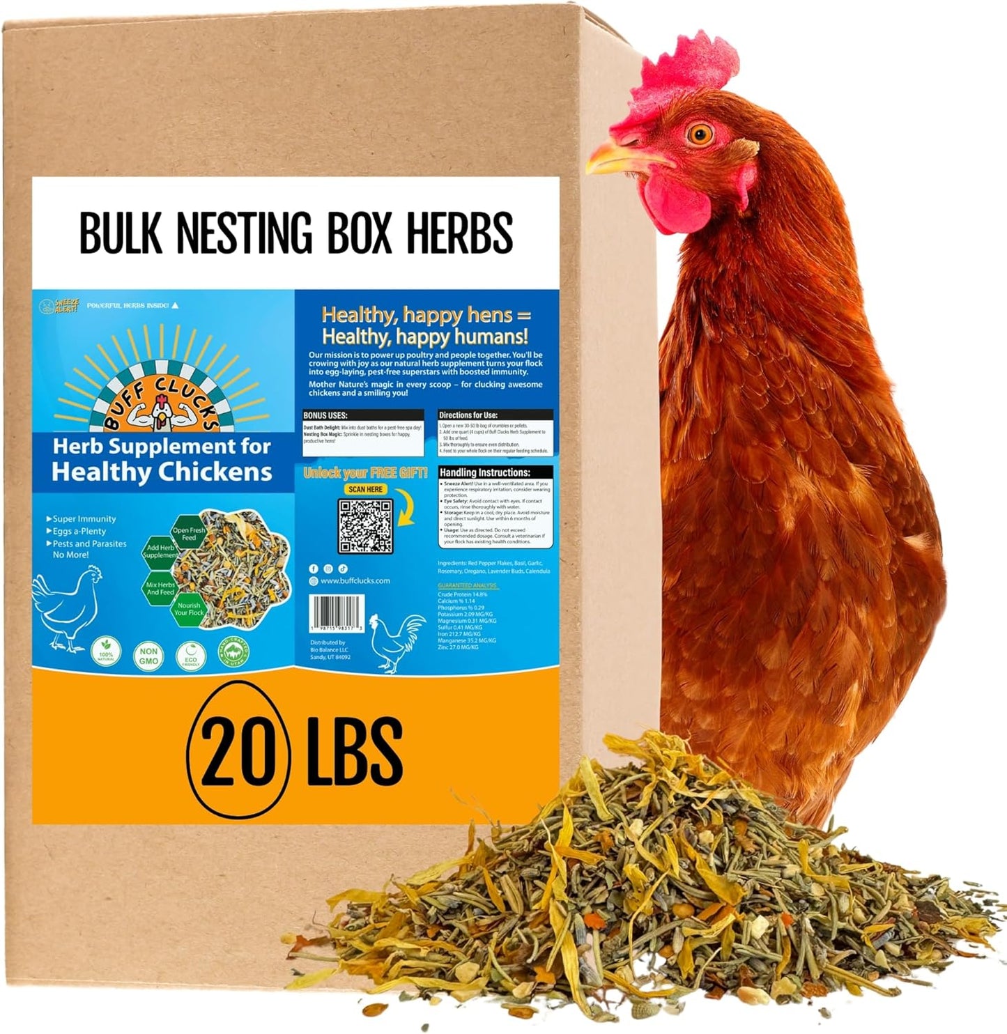 BuffClucks Herb Supplement for Backyard Chickens - Natural Chicken Treats, Poultry Feed Botanical Mix, Plant-Based Coop Snacks for Daily Wellness, Feather Quality, Egg Production, USA (20 LB)