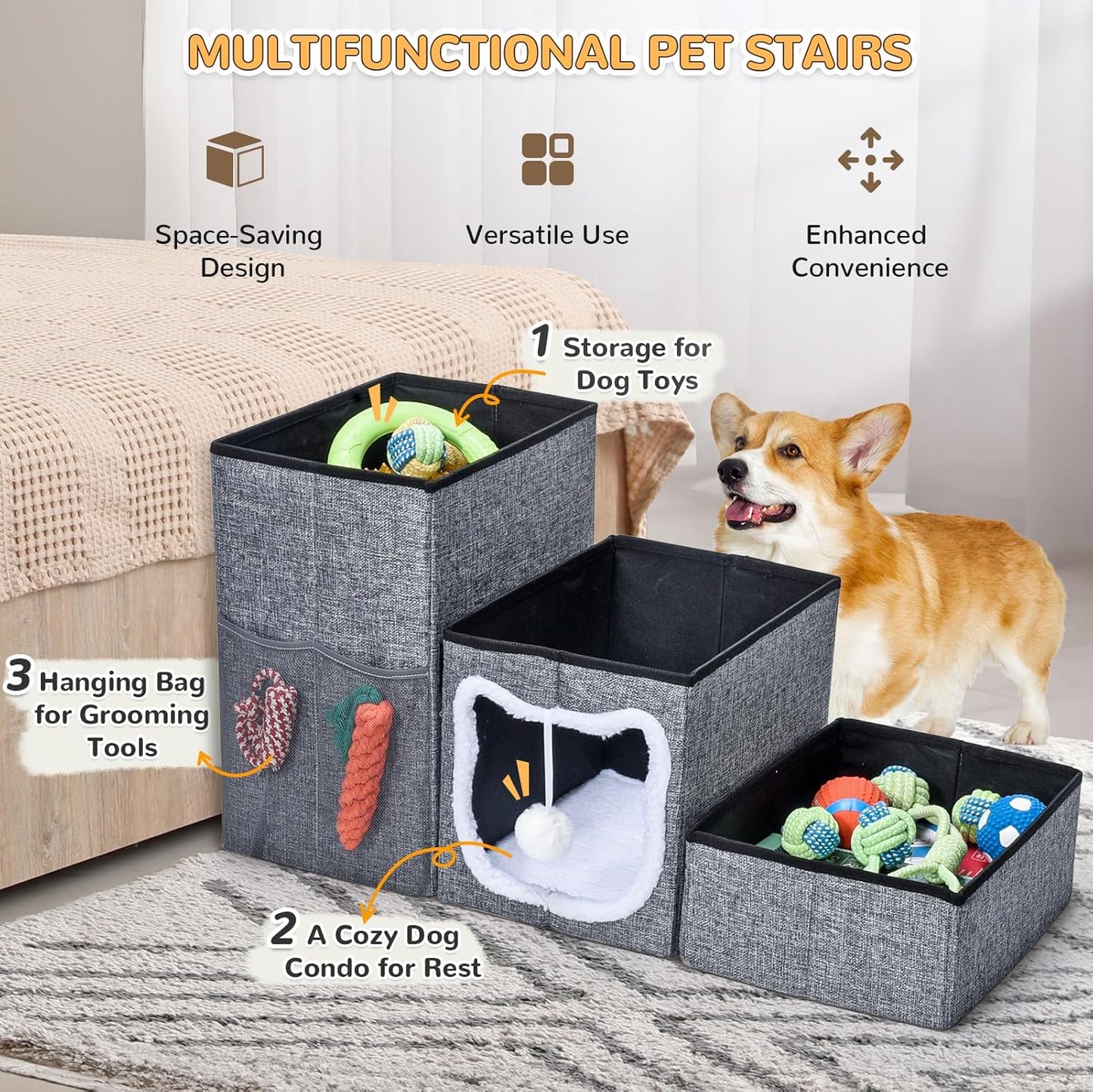 Bilibrara Dog Stairs for Small Dogs, Foldable Pet Steps for High Bed, Non-Slip 3-Step Cat Stairs with Storage, Condo and Fluffy Ball, Small Dog Indoor Ramp for Couch Window, 16'' H