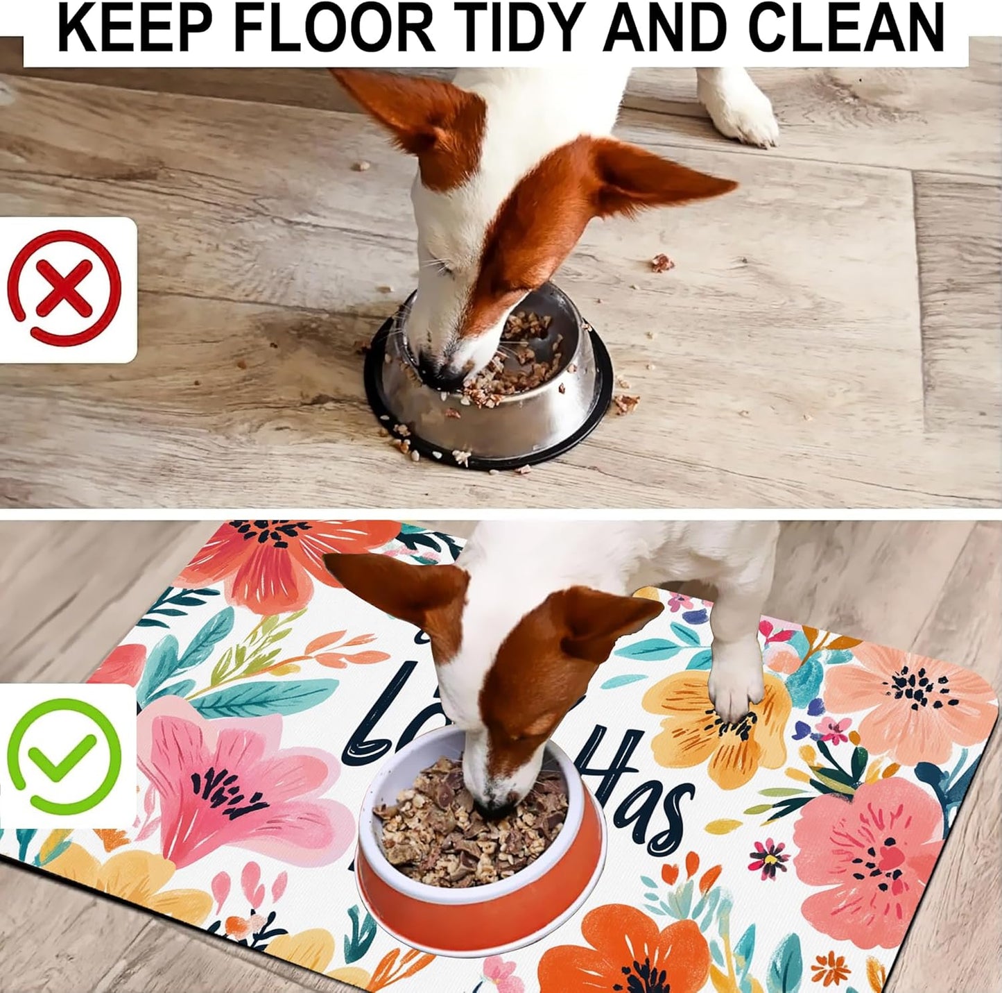 True Love Floral Dog Cat Food Mat-Absorbent Placemat for Food and Water Bowl, Waterproof Non Slip Rubber Backing Dog Food Mats for Floors, Pet Supplies 16 * 24 inch