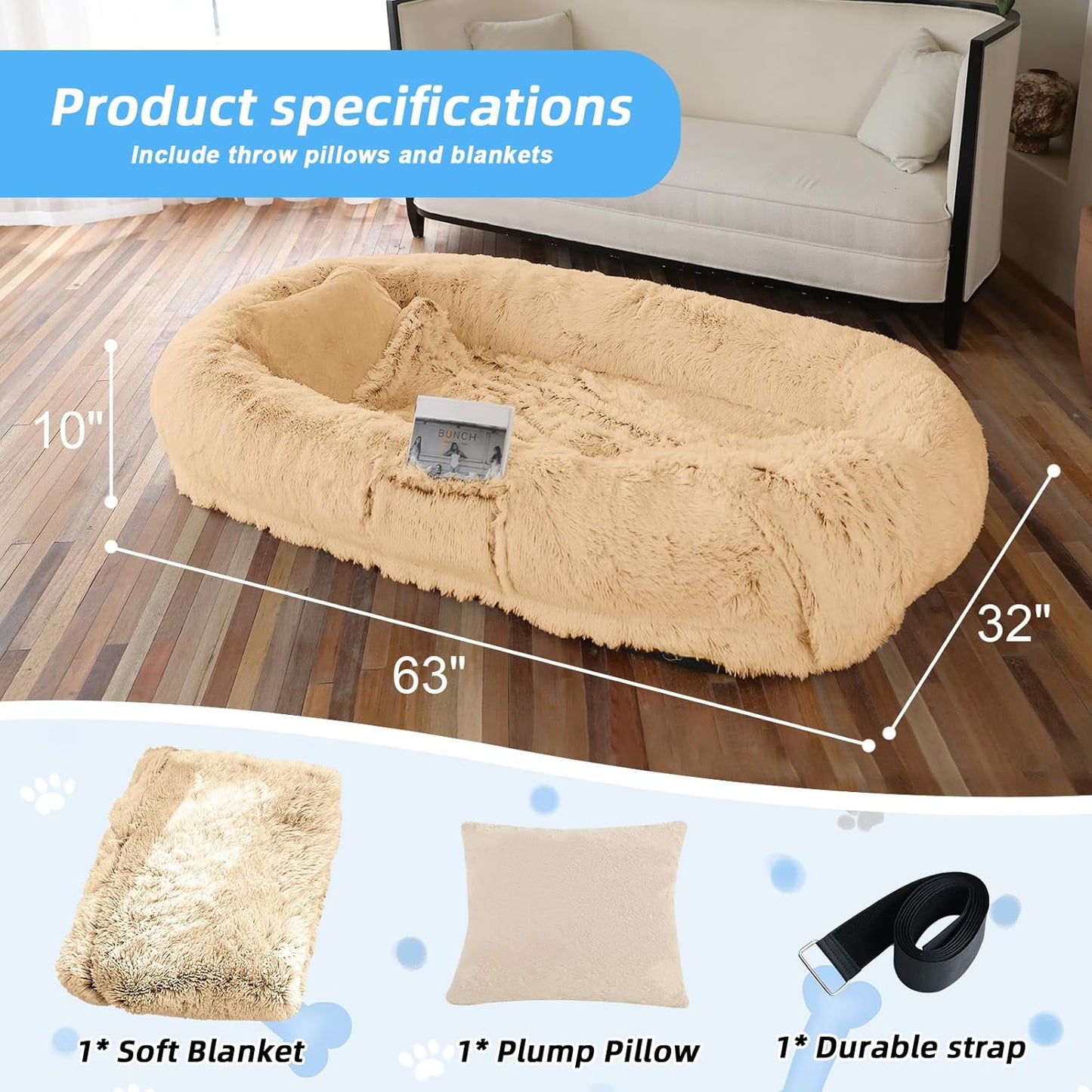 Human Dog Bed for Adults & Pets, 63"x32"x10" XL Faux Fur Nap Bed with Pillow, Blanket & Strap, Orthopedic Washable Lounger for Sleeping, Relaxing, Cuddling – Beige