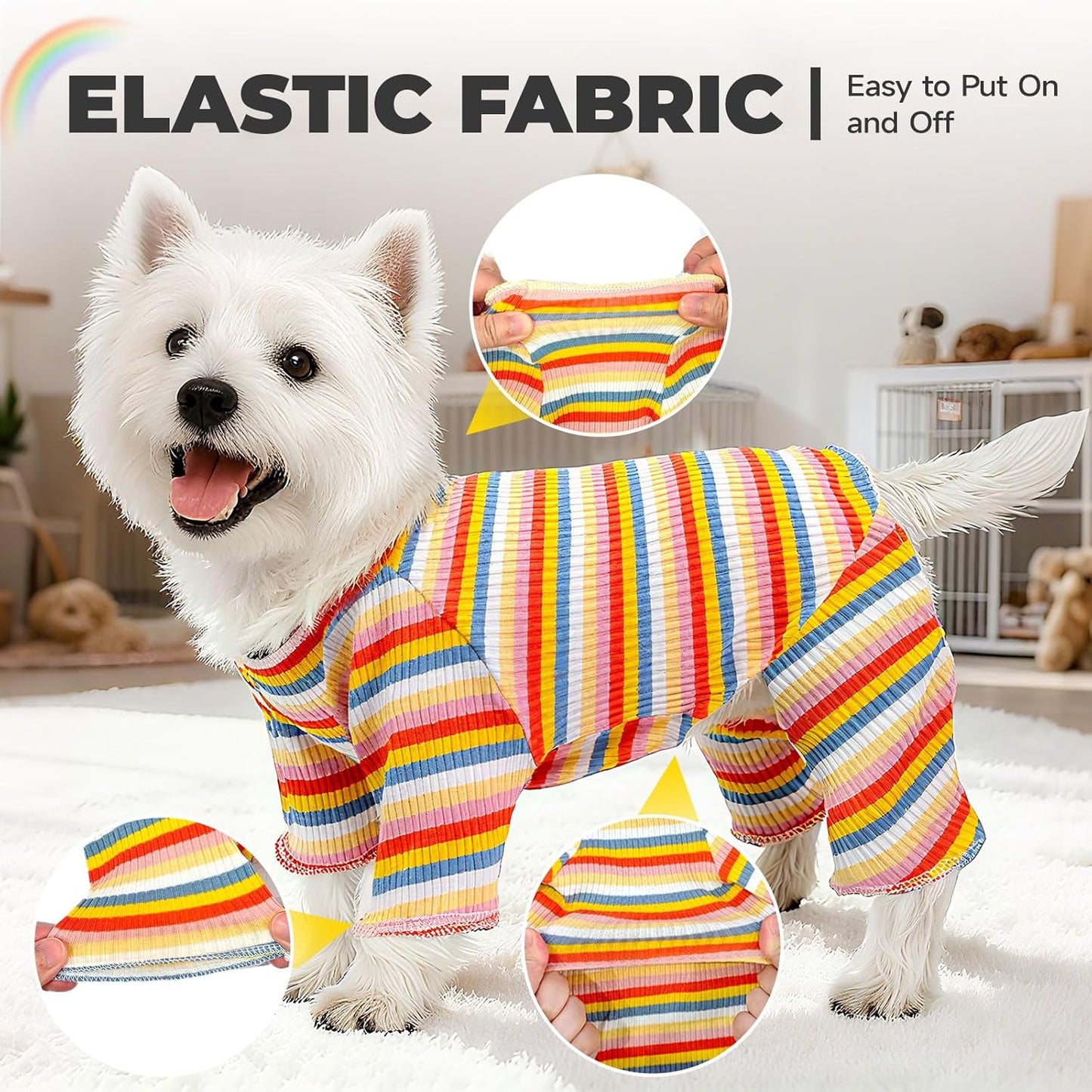 BAEJMJK Striped Dog Pajamas Stretchy Cute Four-Legged Boy Girl Dog Clothes with Sleeves Comfortable Dogs Jumpsuit Colorful Pet Puppy Outfits Apparel for Small Medium Dogs Cats(Yellow,X-Small)